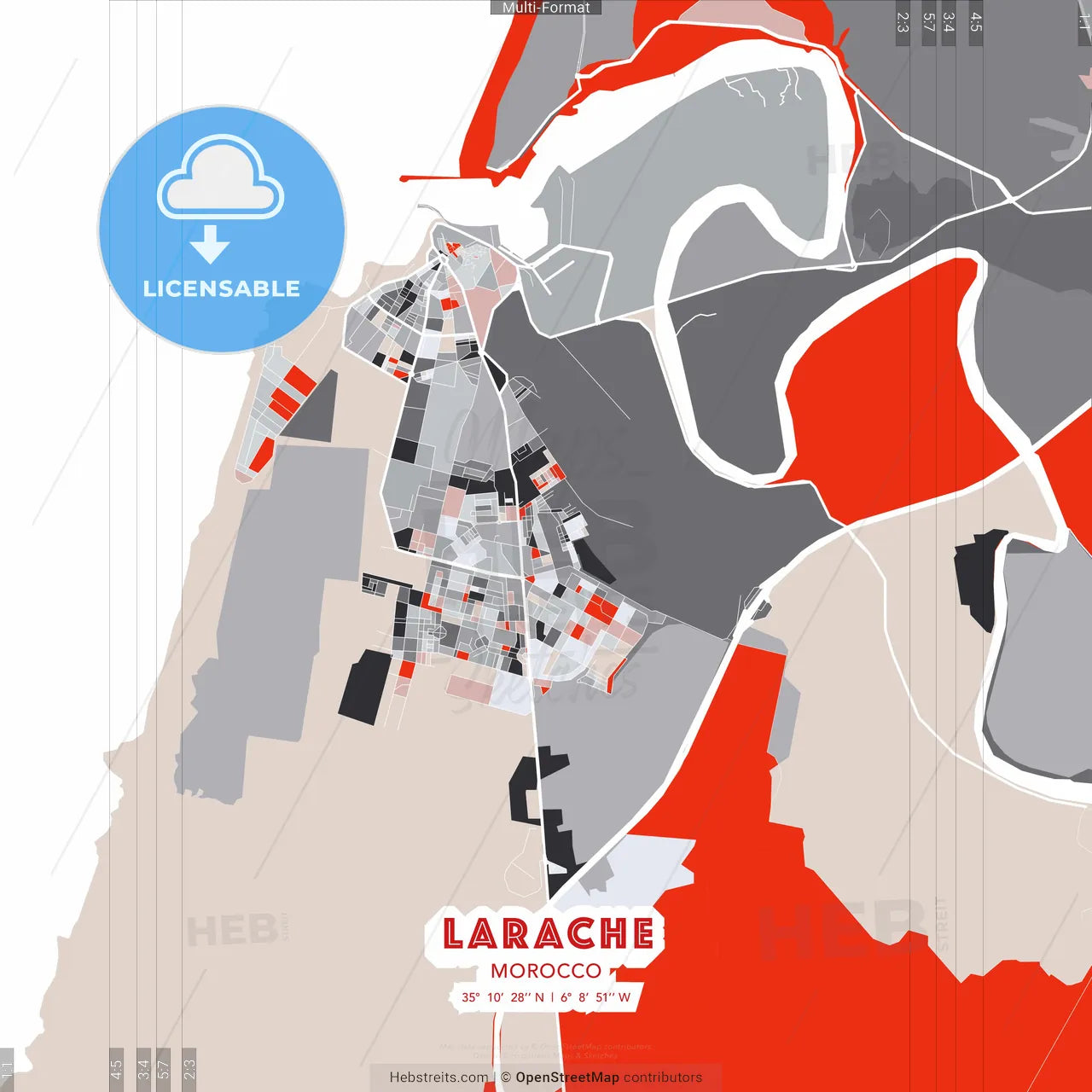 Larache, Morocco - modern street map poster template with gray and red tones