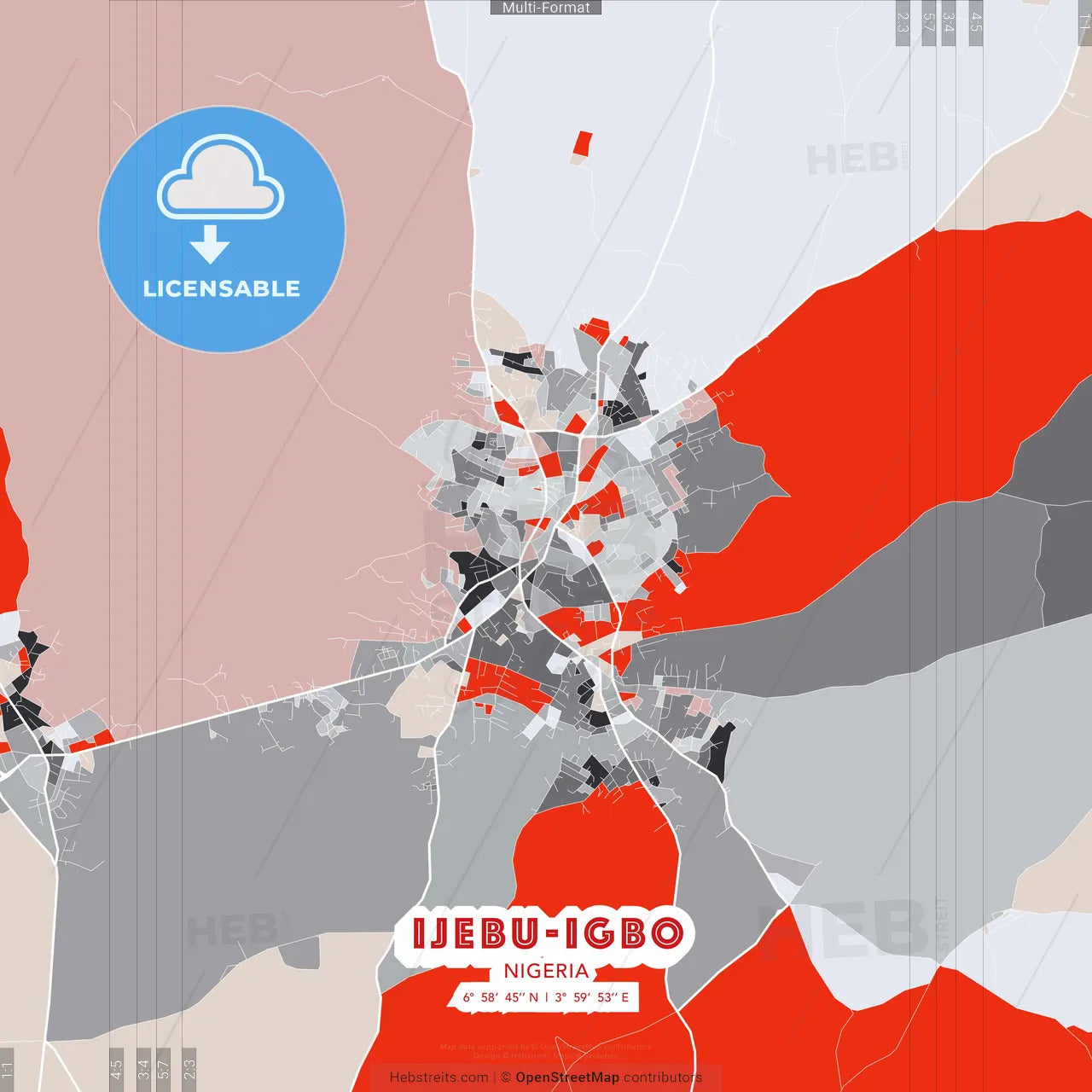 Ijebu-Igbo, Nigeria - modern street map poster template with gray and red tones