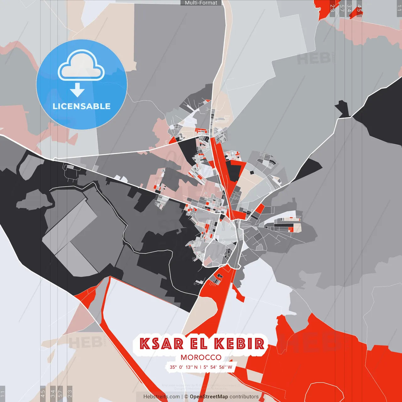 Ksar El Kebir, Morocco - modern street map poster template with gray and red tones