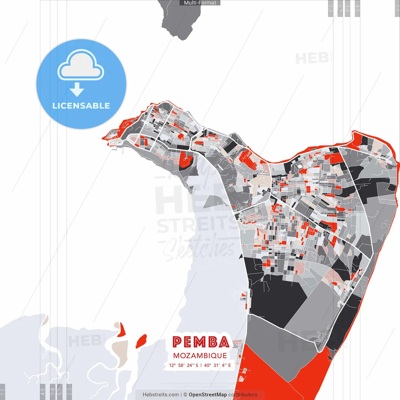 Pemba, Mozambique - modern street map poster template with gray and red tones