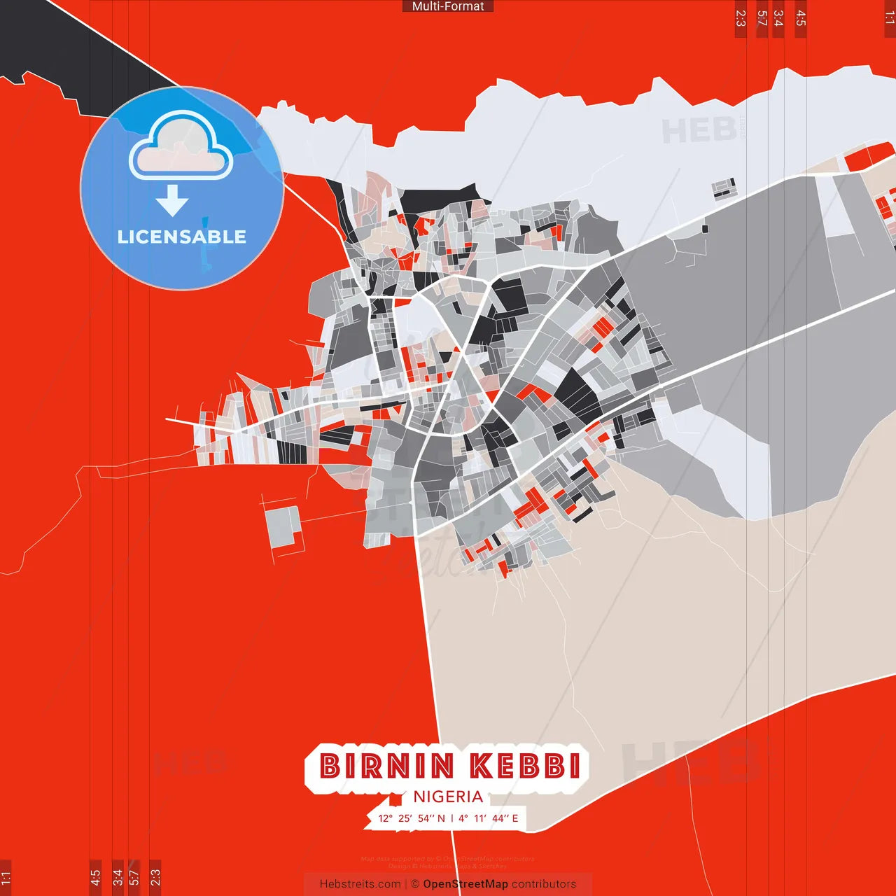 Birnin Kebbi, Nigeria - modern street map poster template with gray and red tones