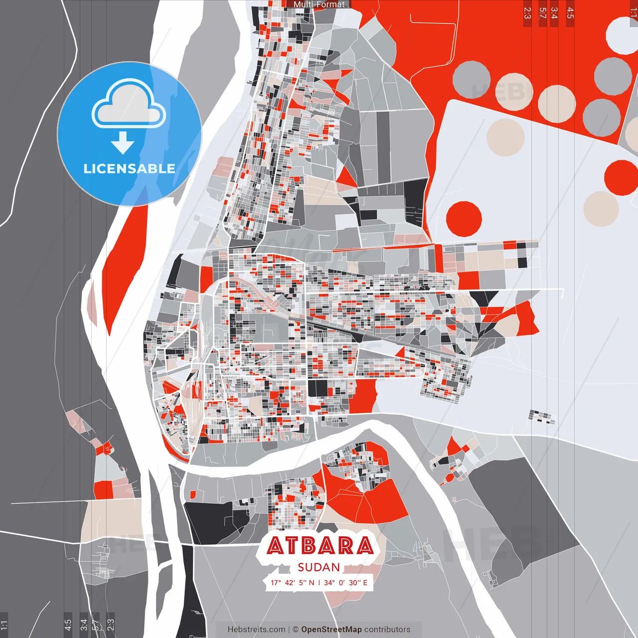 Atbara, Sudan - modern street map poster template with gray and red tones