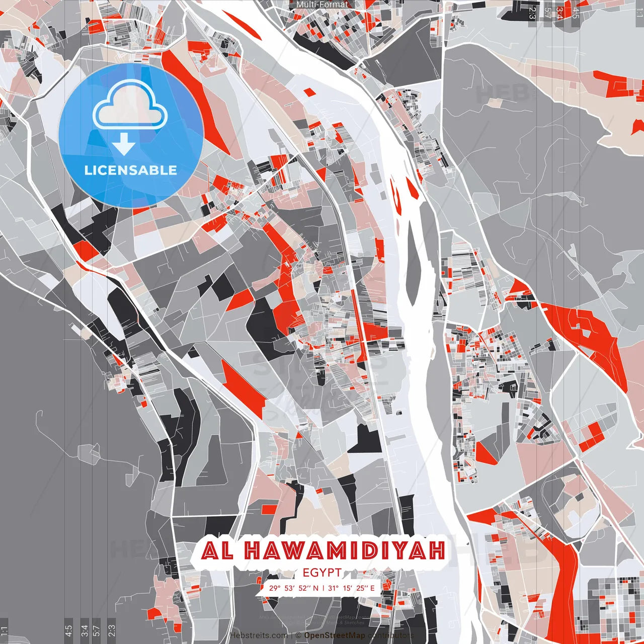 Al Hawamidiyah, Egypt - modern street map poster template with gray and red tones