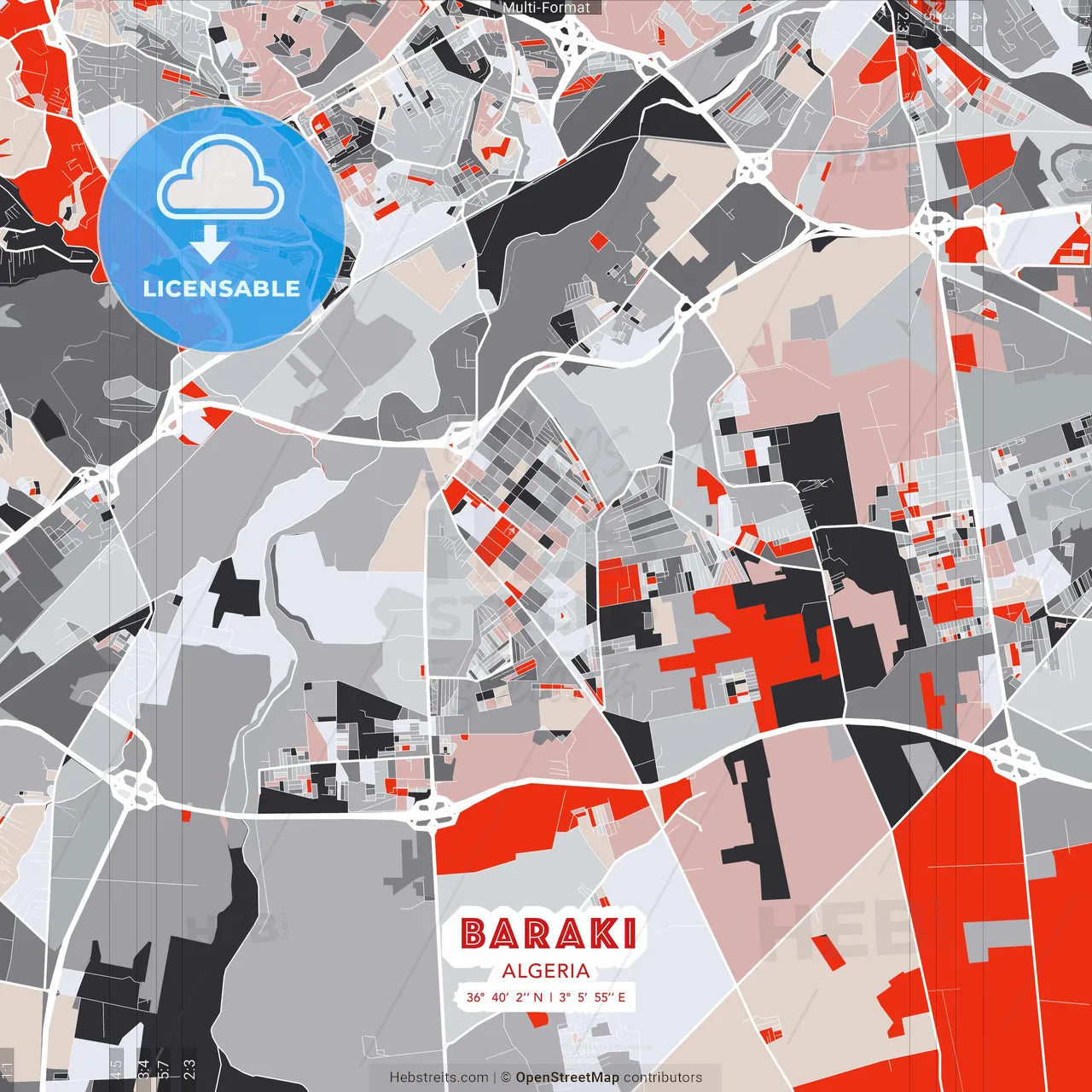 Baraki, Algeria - modern street map poster template with gray and red tones