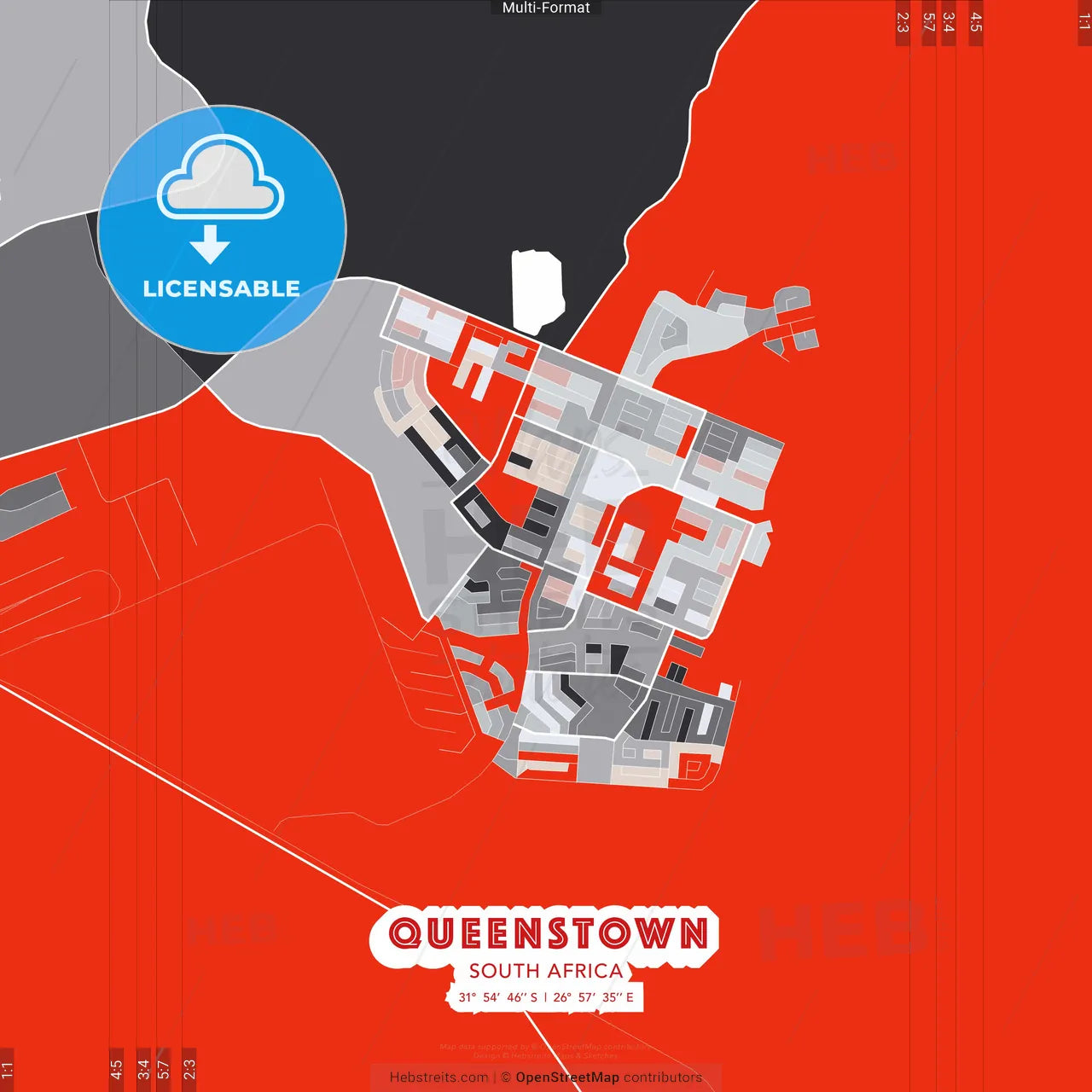 Queenstown, South Africa - modern street map poster template with gray and red tones