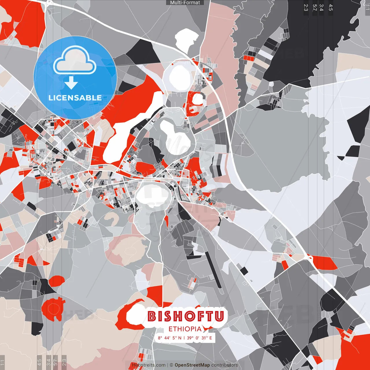 Bishoftu, Ethiopia - modern street map poster template with gray and red tones