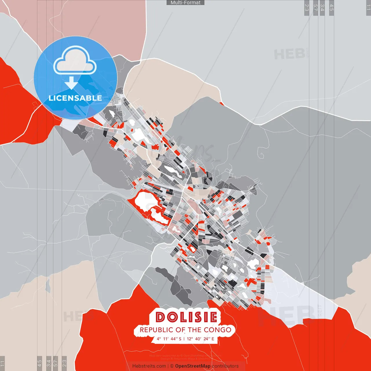 Dolisie, Republic Of The Congo - modern street map poster template with gray and red tones