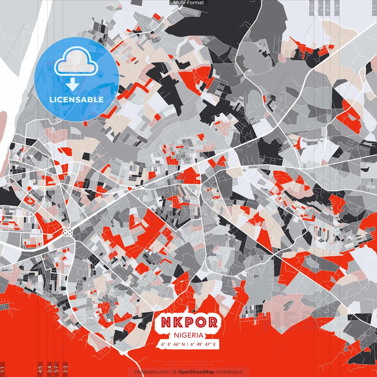 Nkpor, Nigeria - modern street map poster template with gray and red tones