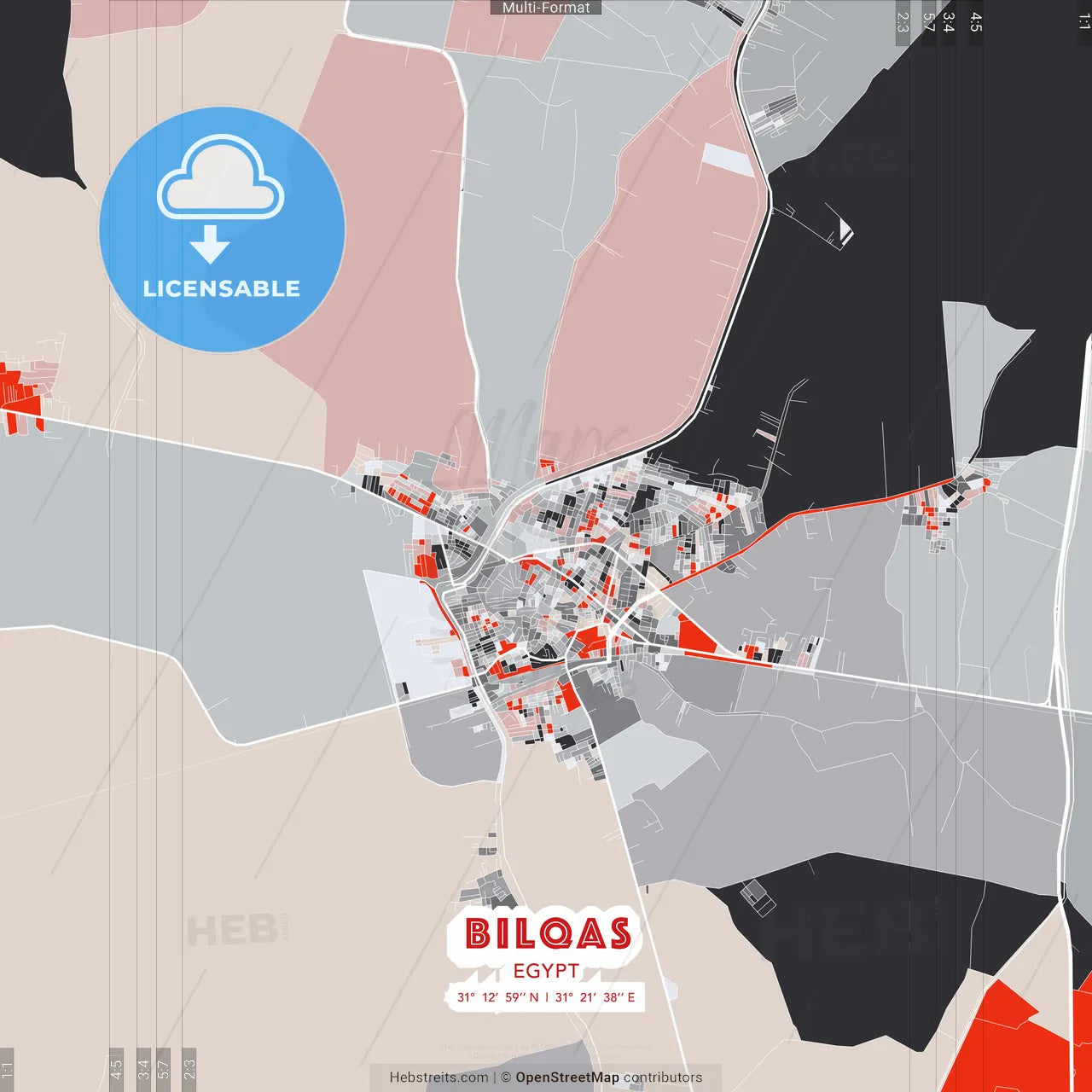 Bilqas, Egypt - modern street map poster template with gray and red tones