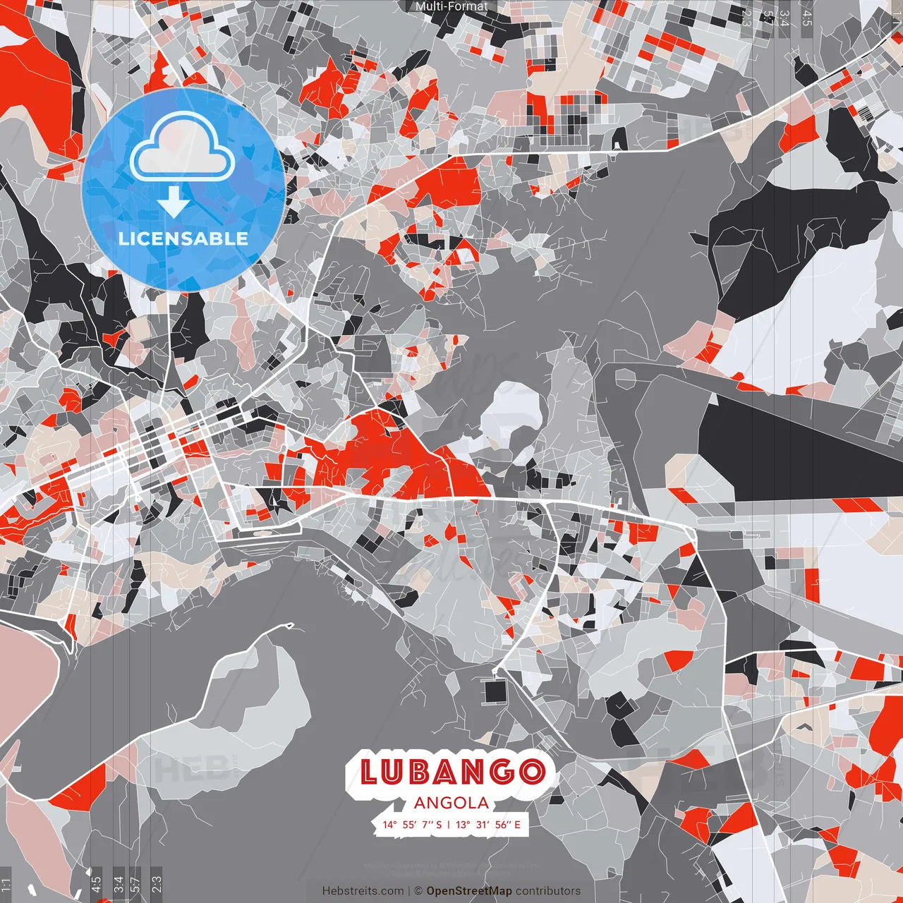 Lubango, Angola - modern street map poster template with gray and red tones