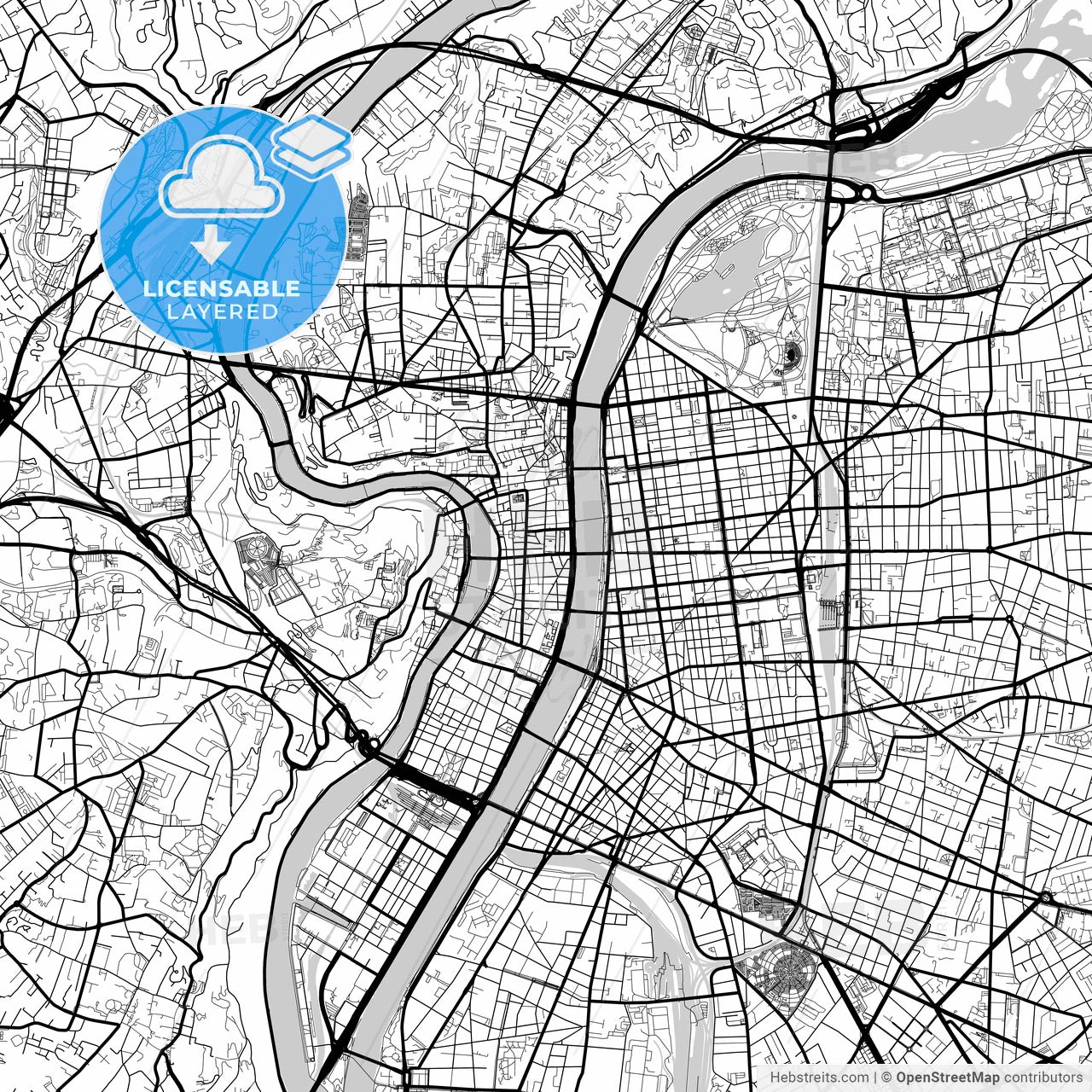 Layered PDF map of Lyon, Rhône, France