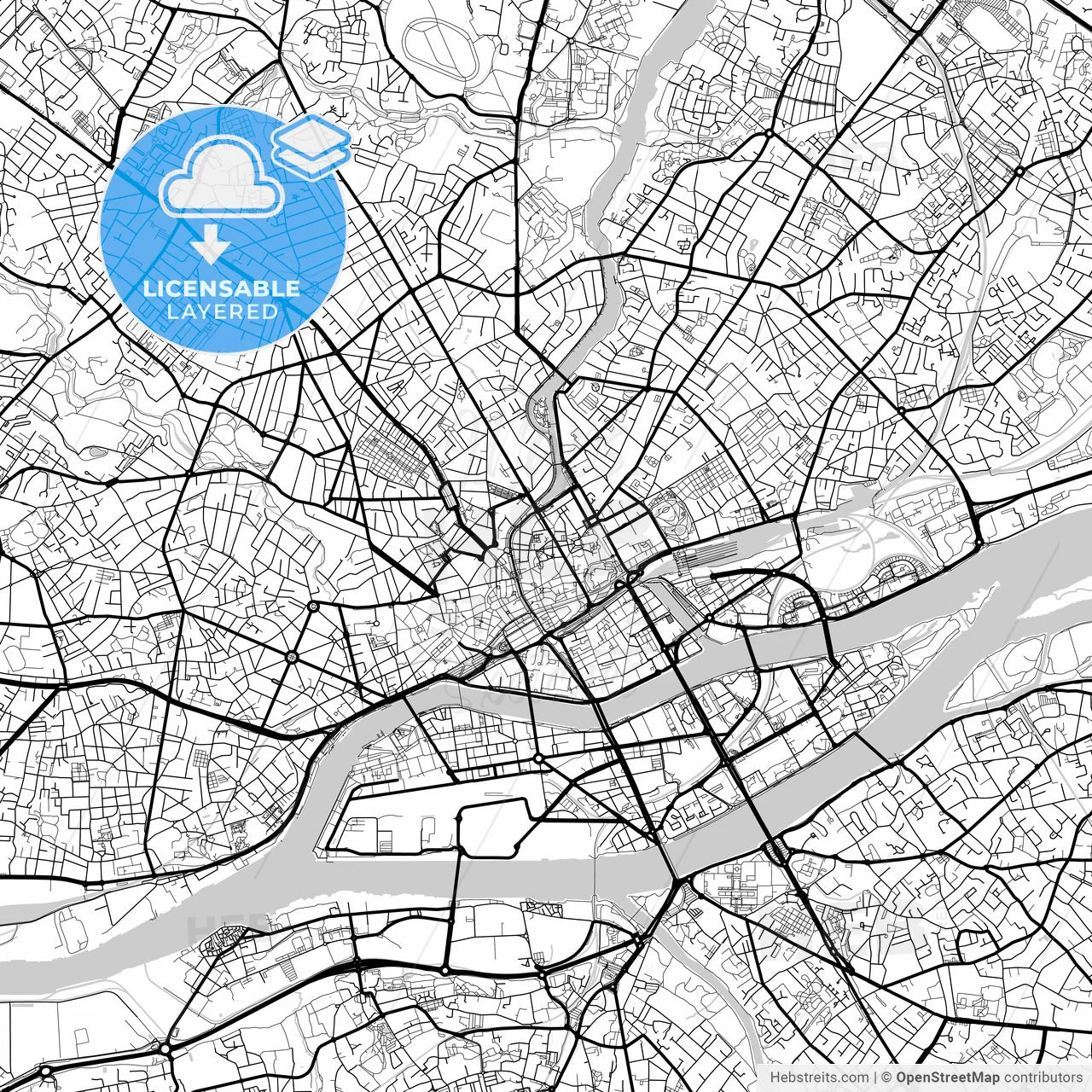 Layered PDF map of Nantes, Loire-Atlantique, France