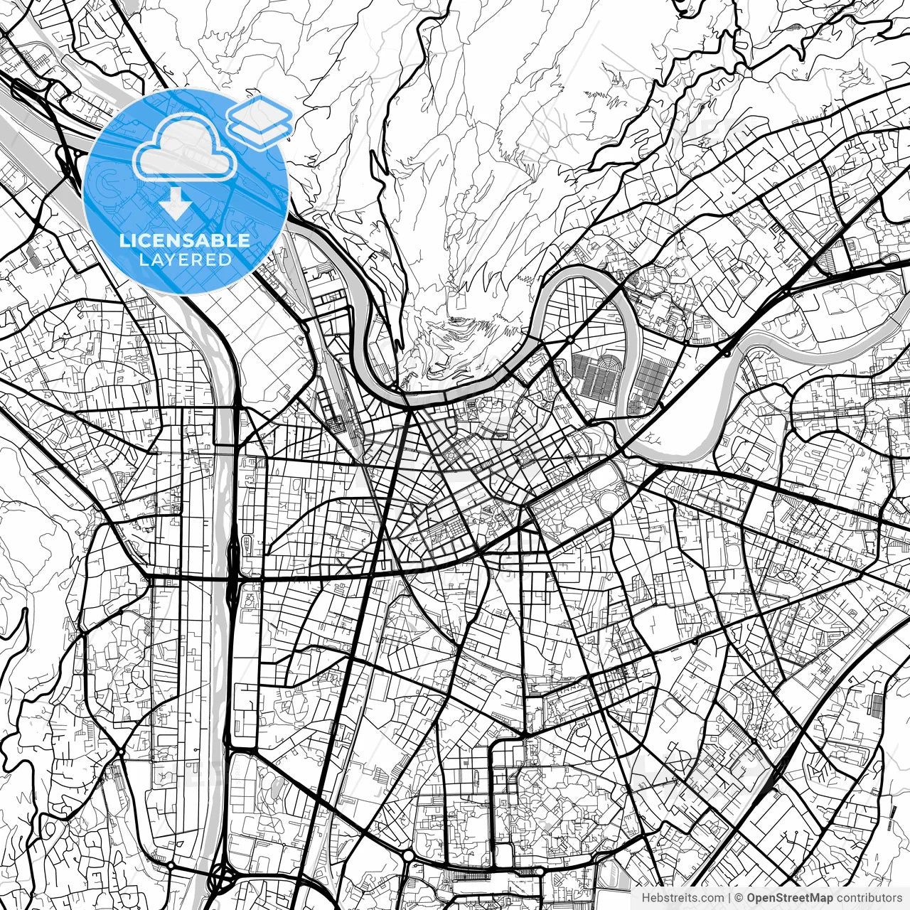 Layered PDF map of Grenoble, Isère, France