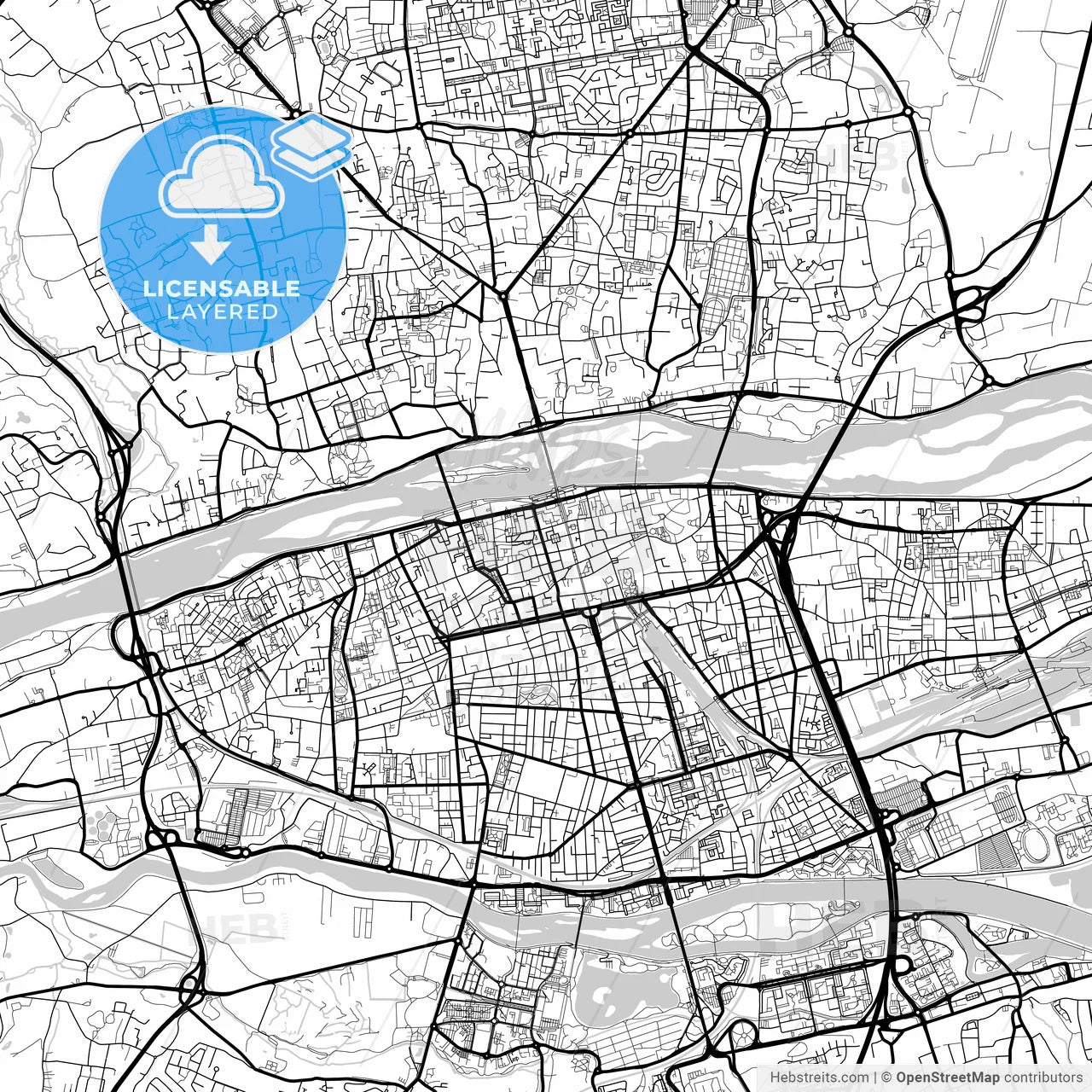 Layered PDF map of Tours, Indre-et-Loire, France