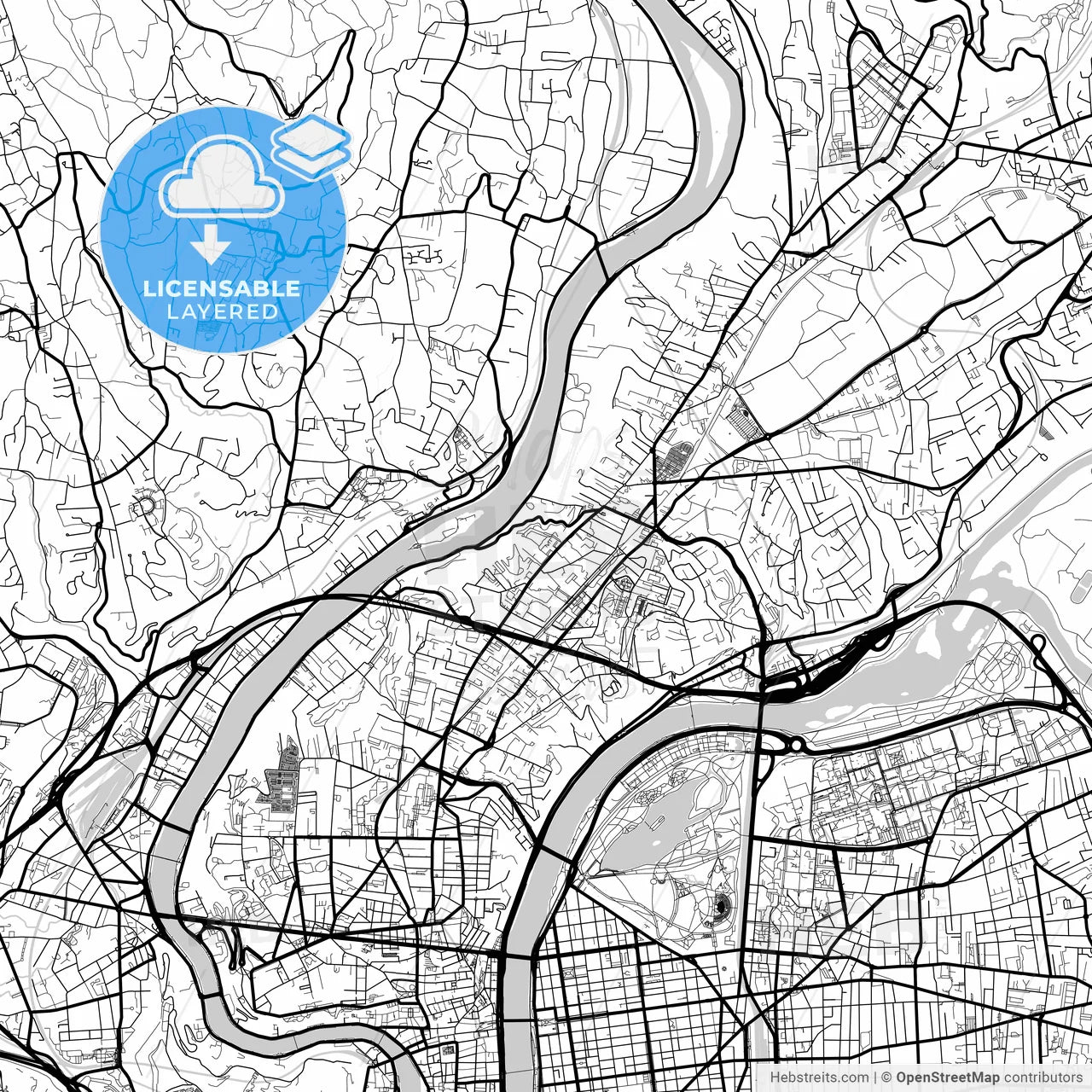 Layered PDF map of Caluire-et-Cuire, Rhône, France