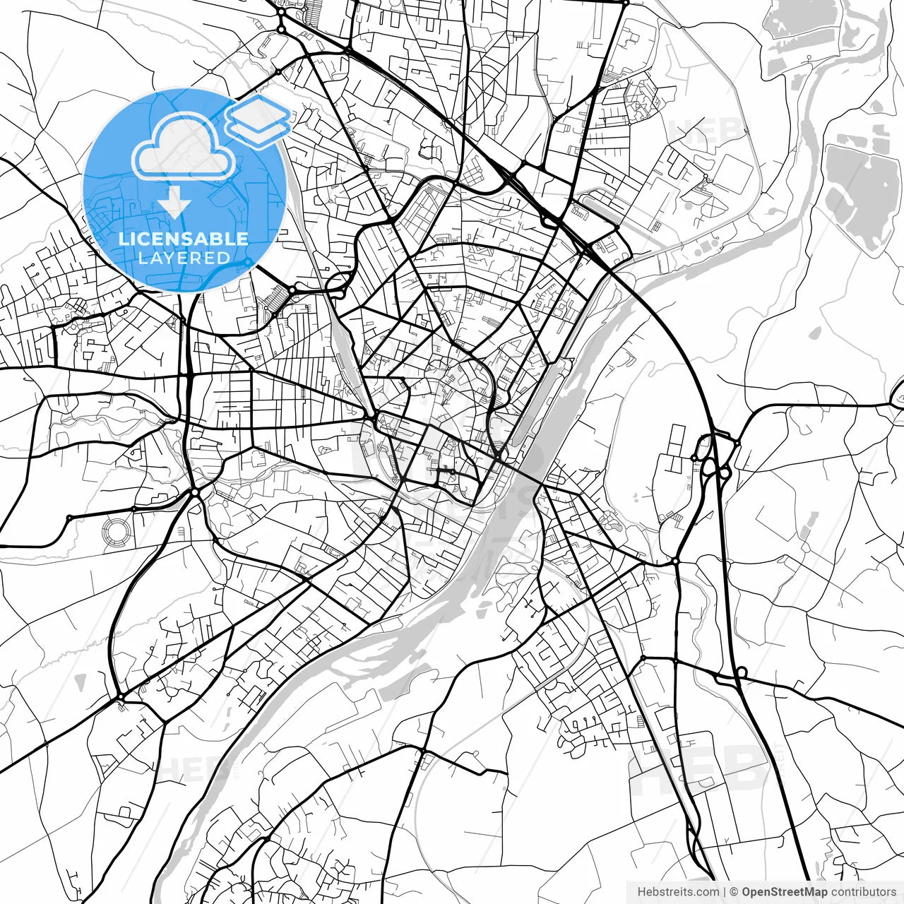 Layered PDF map of Roanne, Loire, France