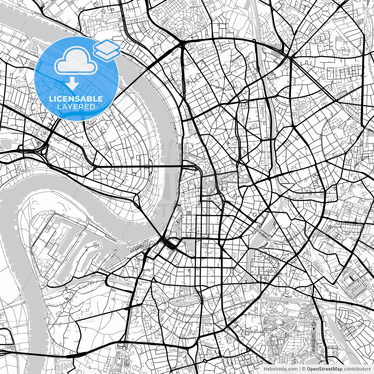 Layered PDF map of Düsseldorf, North Rhine-Westphalia, Germany