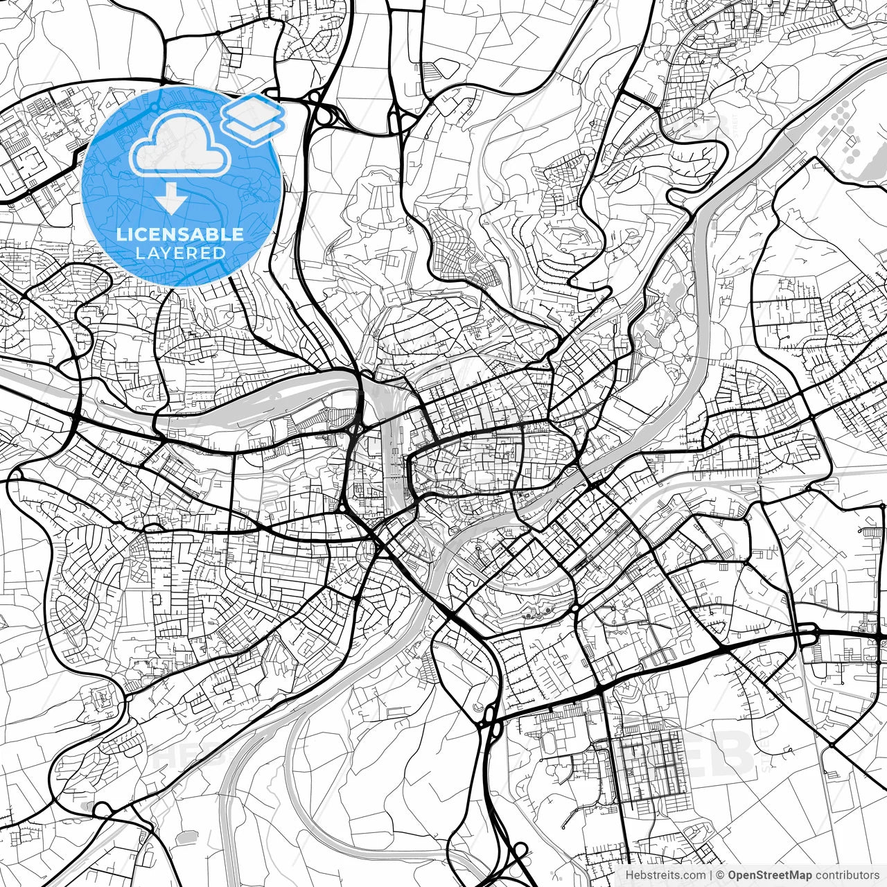 Layered PDF map of Ulm, Baden-Wuerttemberg, Germany