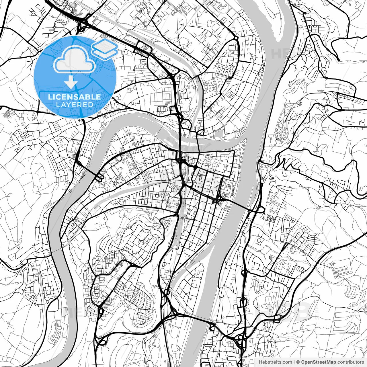 Layered PDF map of Koblenz, Rheinland-Pfalz, Germany