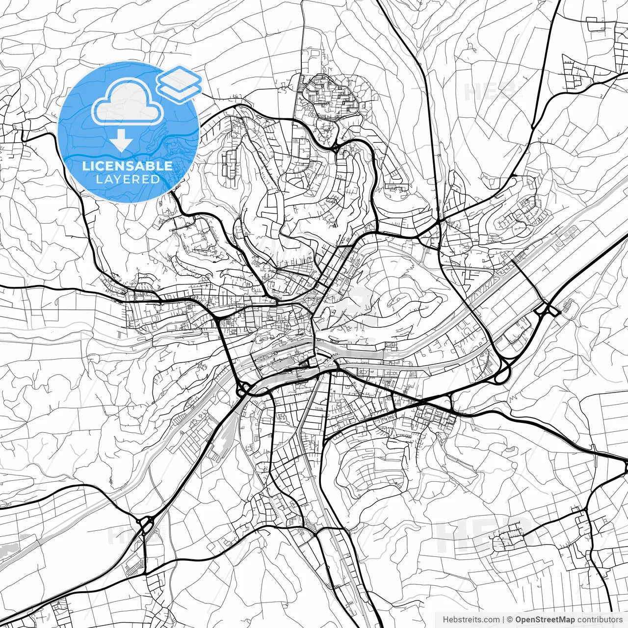 Layered PDF map of Tubingen, Baden-Wuerttemberg, Germany