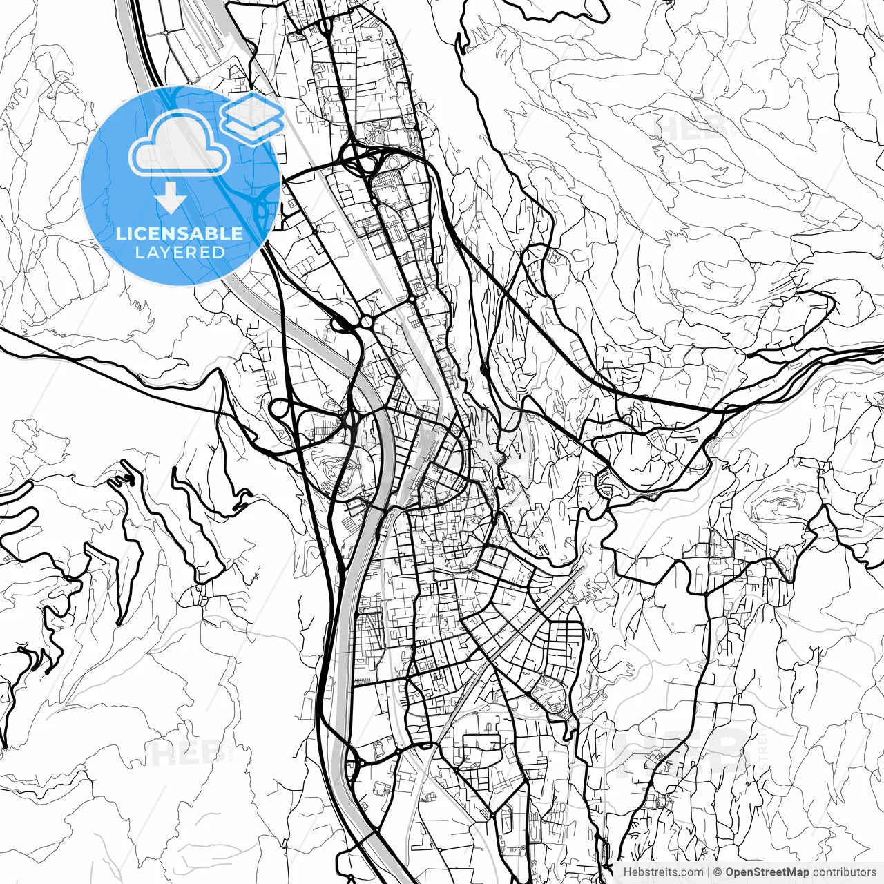 Layered PDF map of Trento, Trentino-Alto Adige/Südtirol, Italy