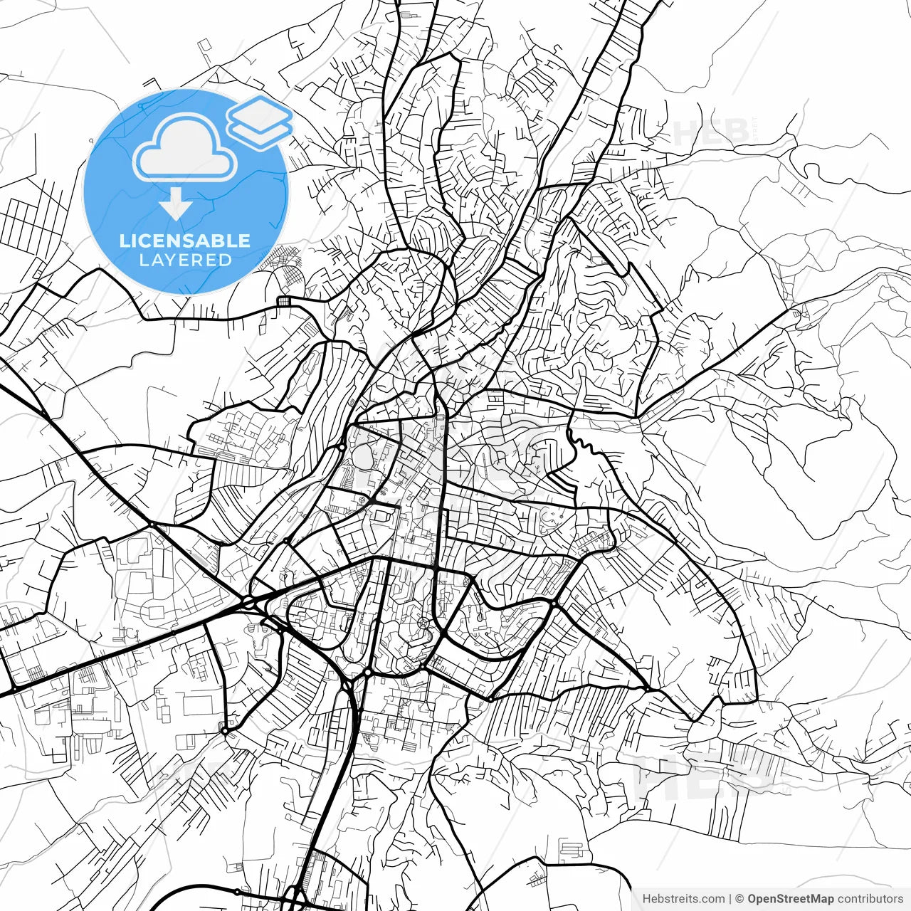 Layered PDF map of Prishtinë / Priština, District of Pristina, Kosovo