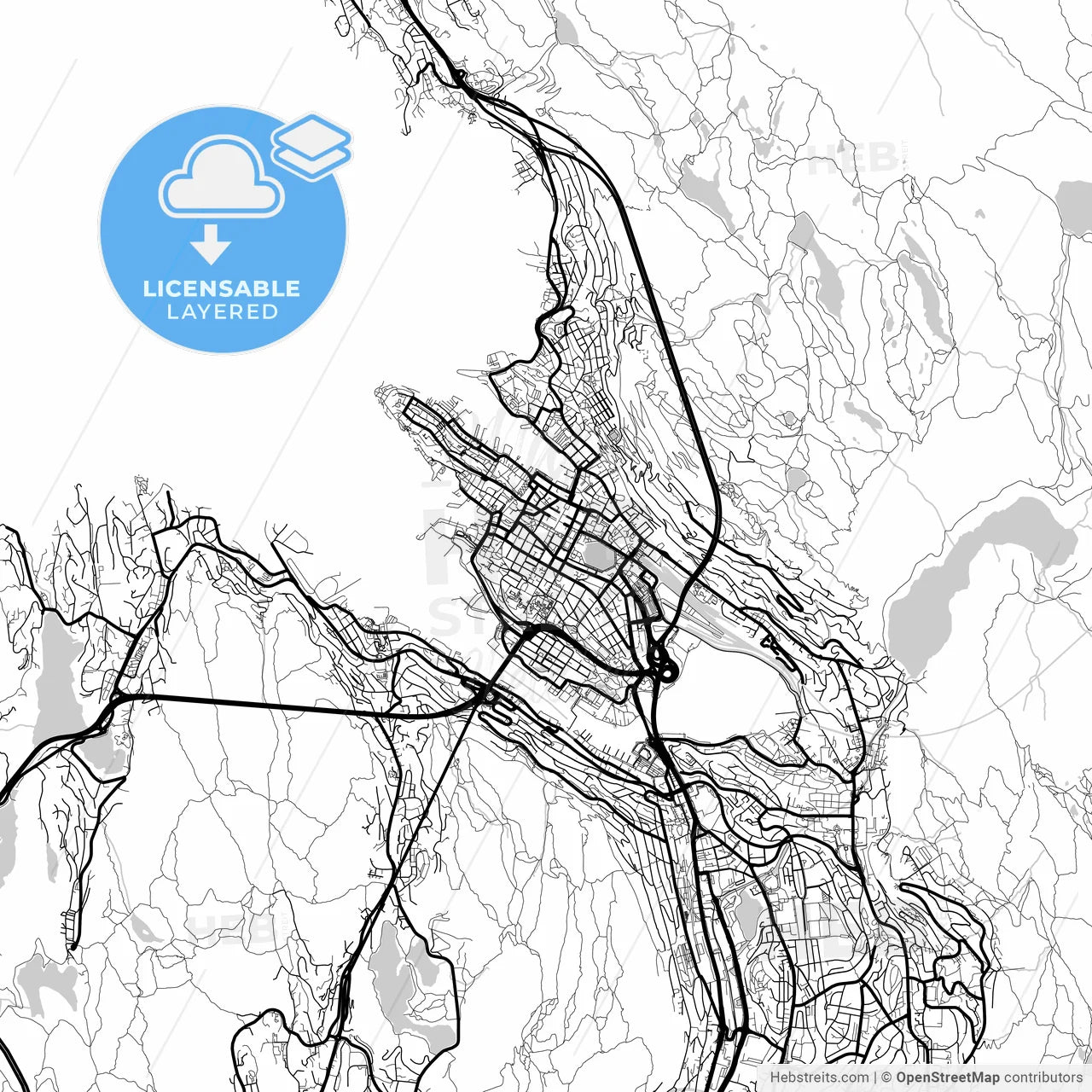 Layered PDF map of Bergen, Hordaland, Norway