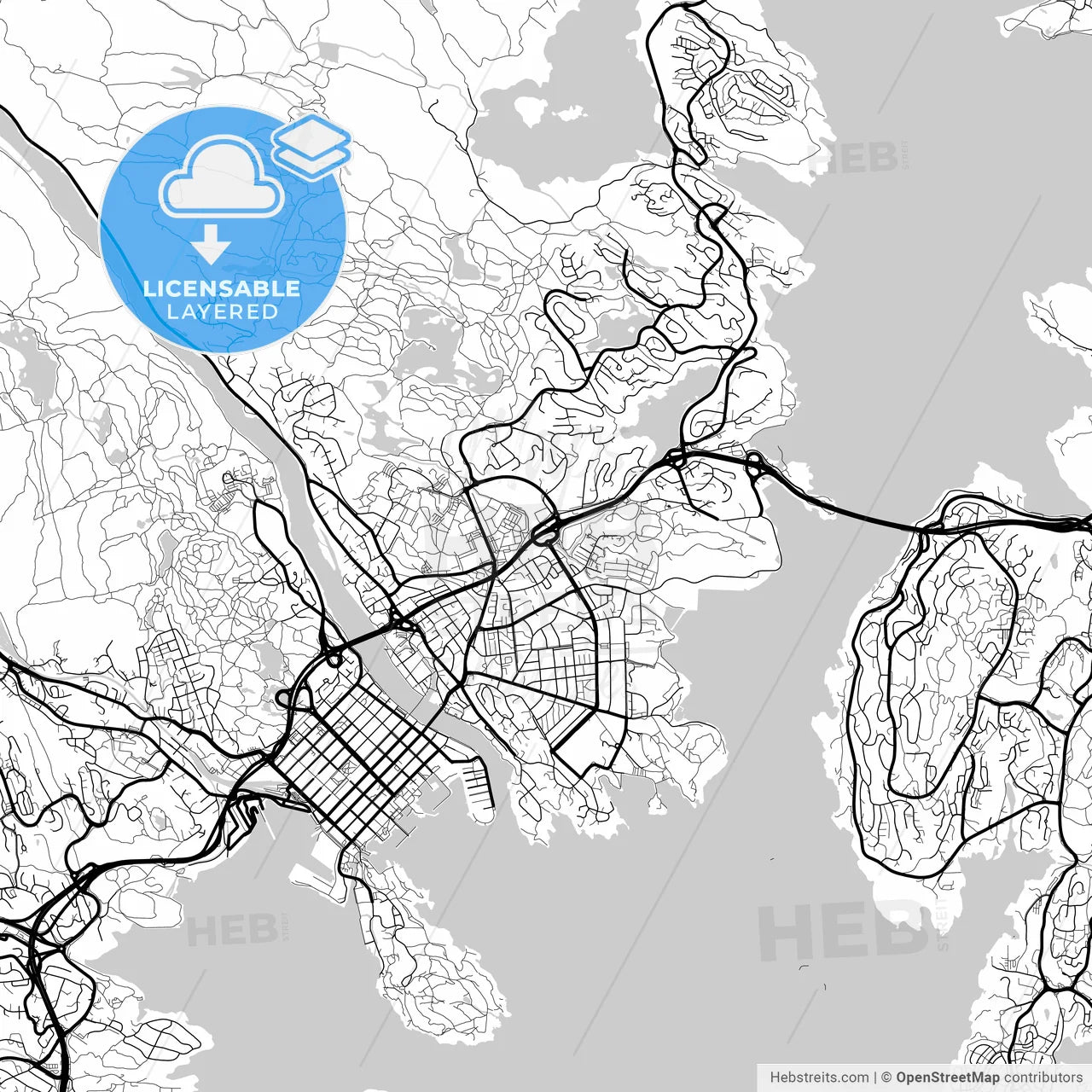 Layered PDF map of Kristiansand, Vest-Agder, Norway