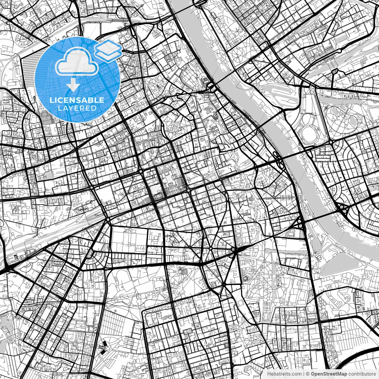 Layered PDF map of Warsaw, Masovian, Poland