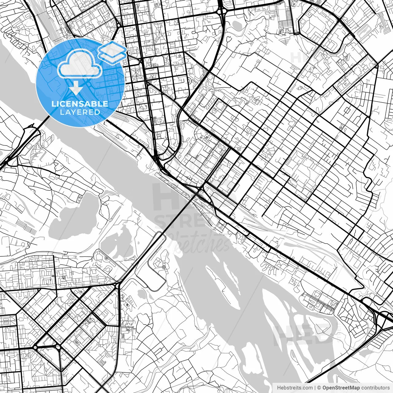 Layered PDF map of Novosibirsk, Novosibirsk Oblast, Russia