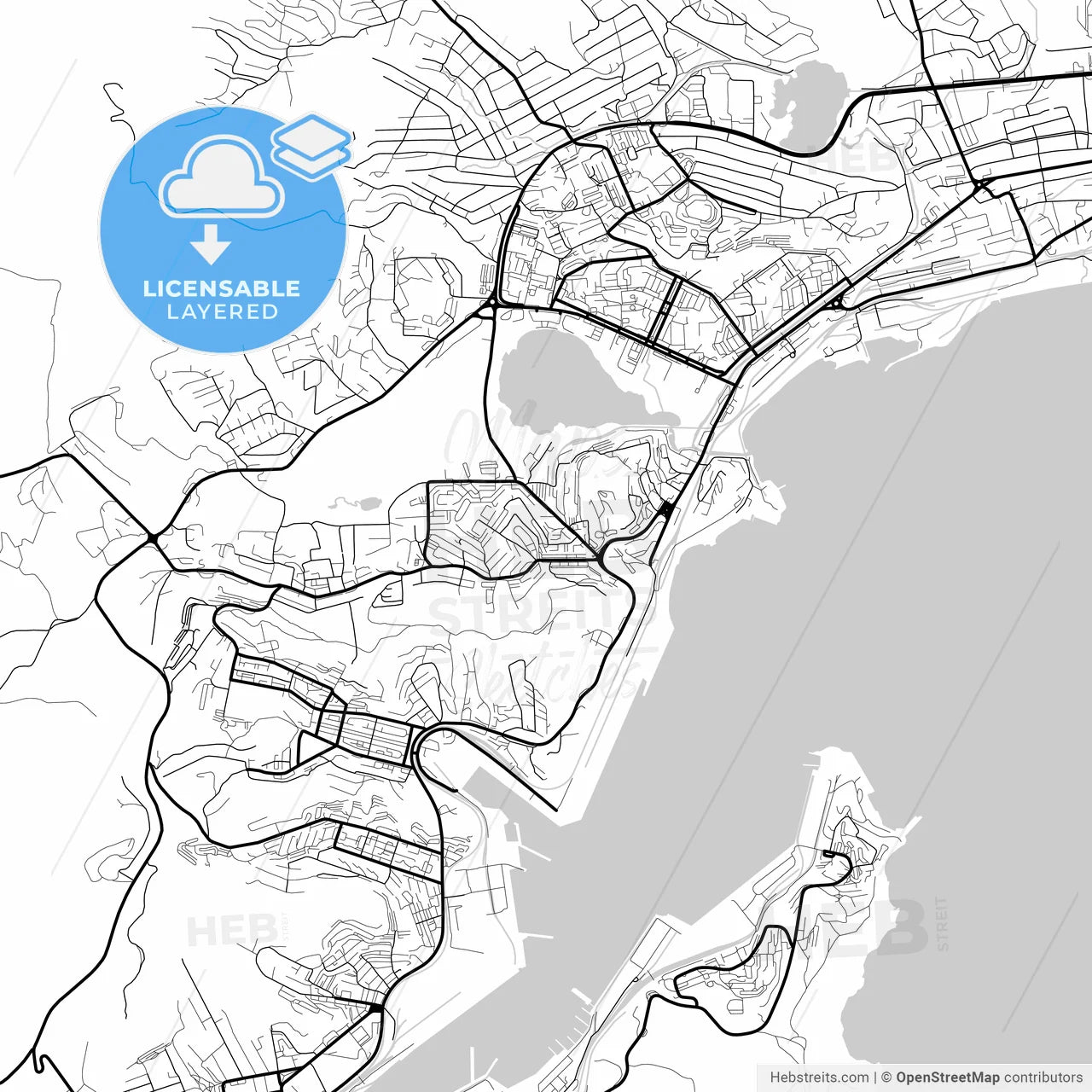 Layered PDF map of Nakhodka, Primorsky Krai, Russia