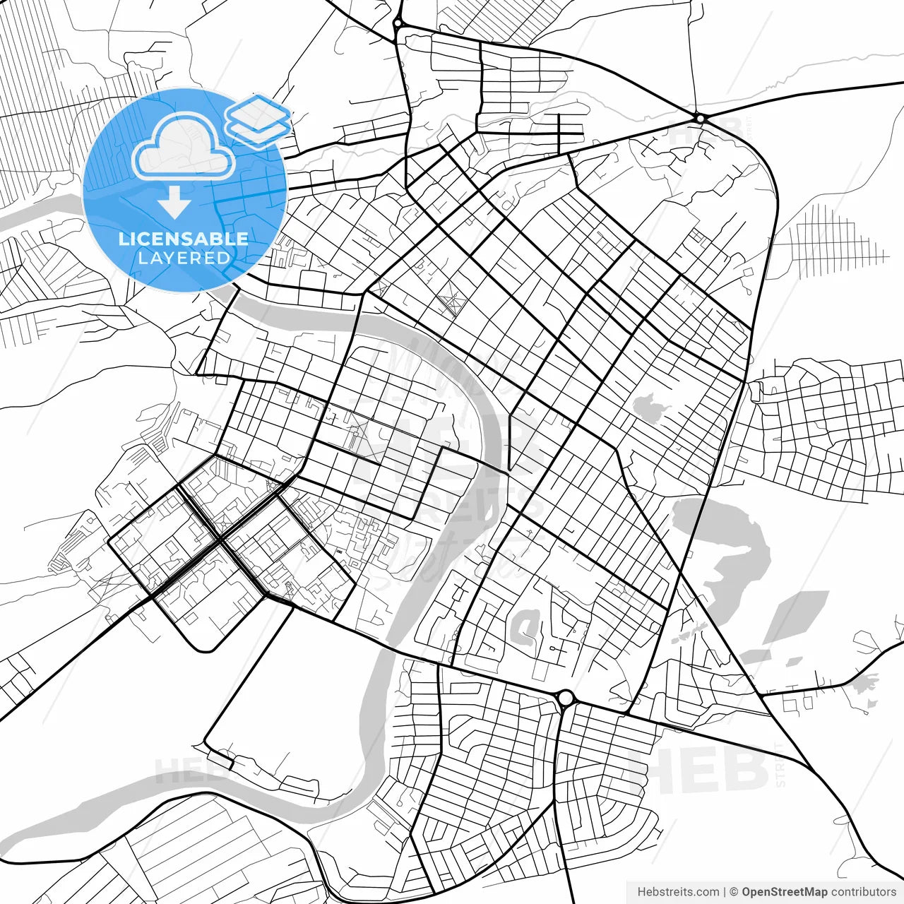 Layered PDF map of Minusinsk, Krasnoyarsk Krai, Russia