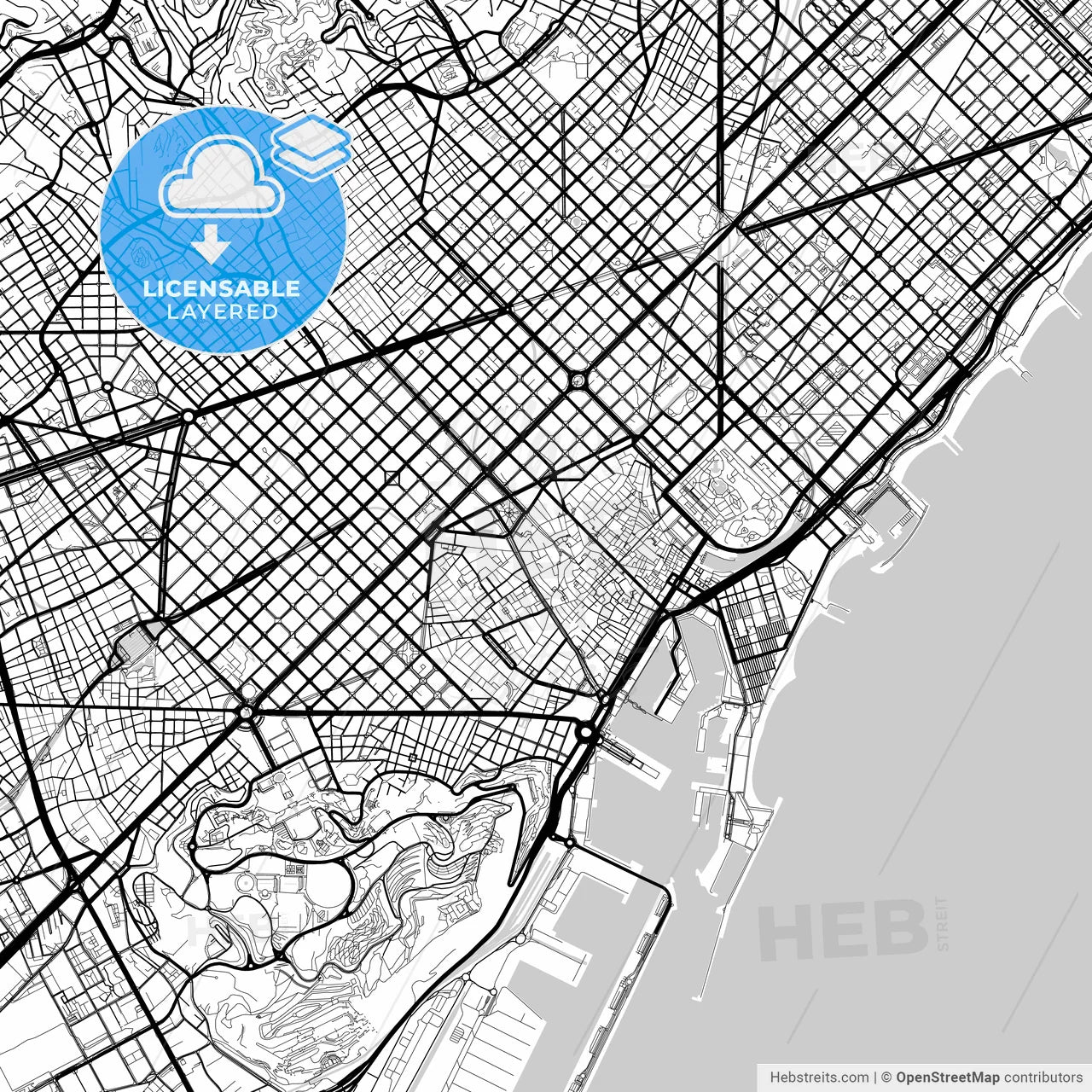 Layered PDF map of Barcelona, Spain