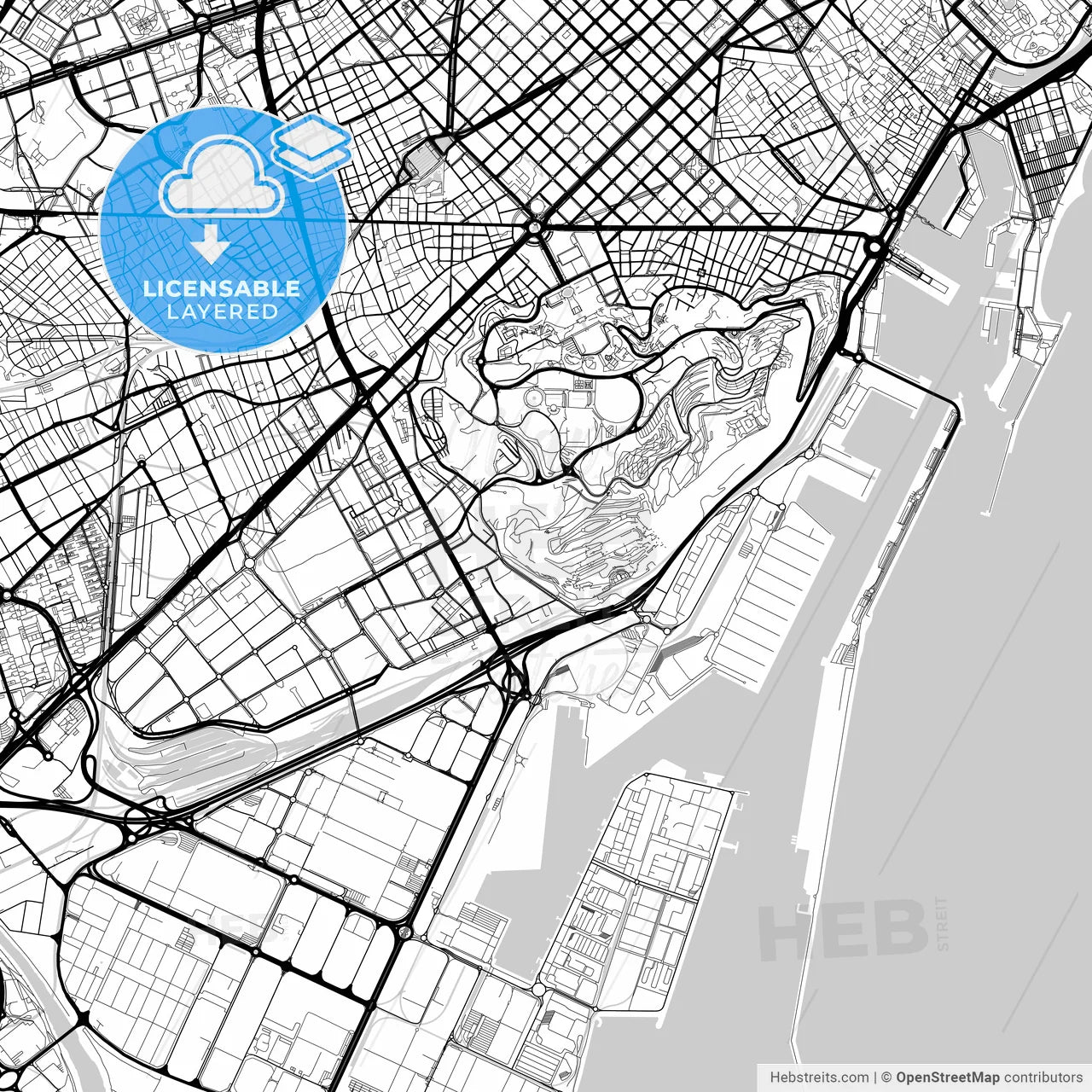 Layered PDF map of Sants-Montjuïc, Barcelona, Spain