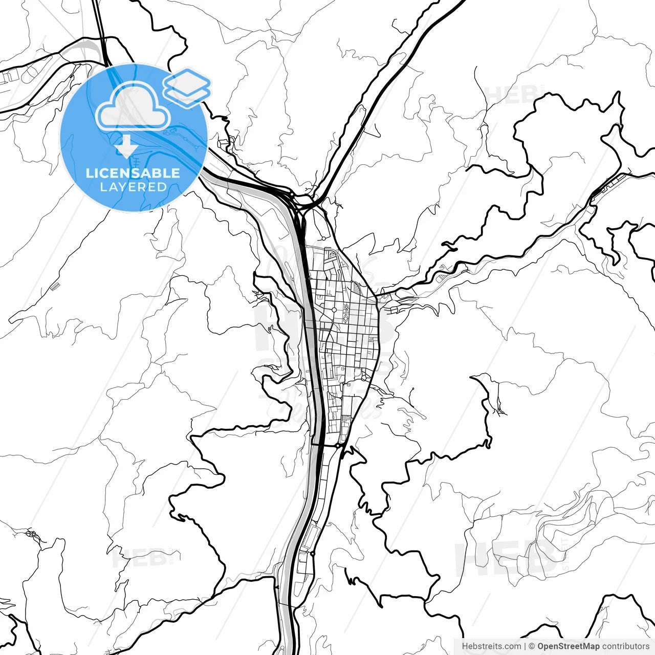 Layered PDF map of Mieres, Asturias, Spain