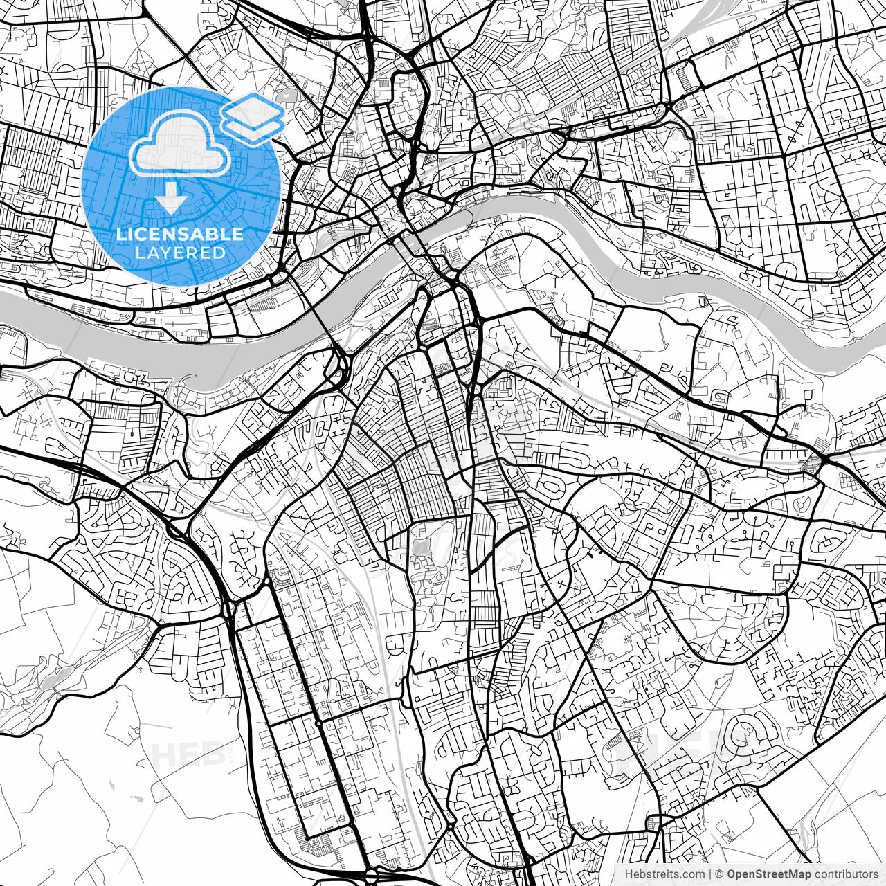 Layered PDF map of Gateshead, North East England, England