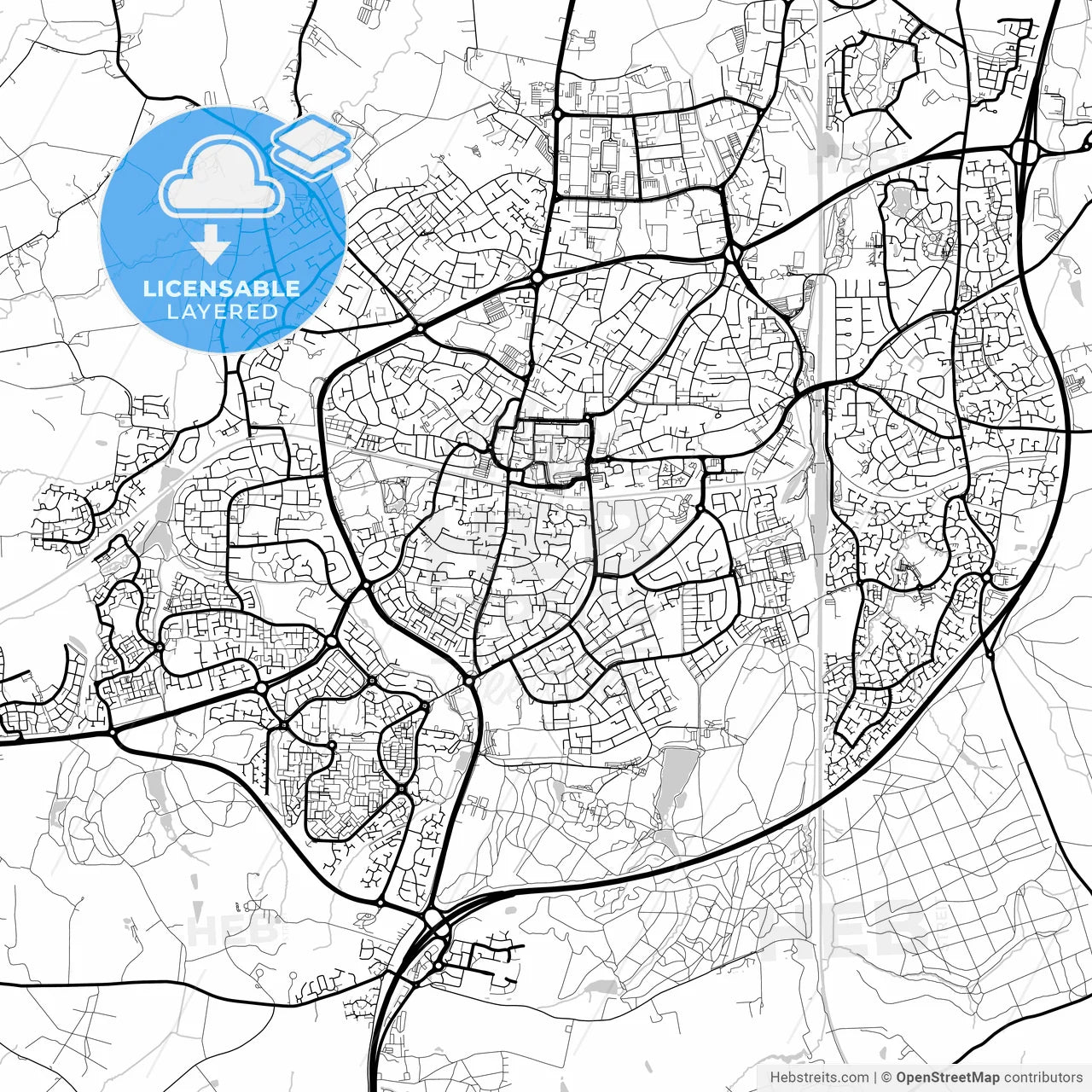 Layered PDF map of Crawley, South East England, England
