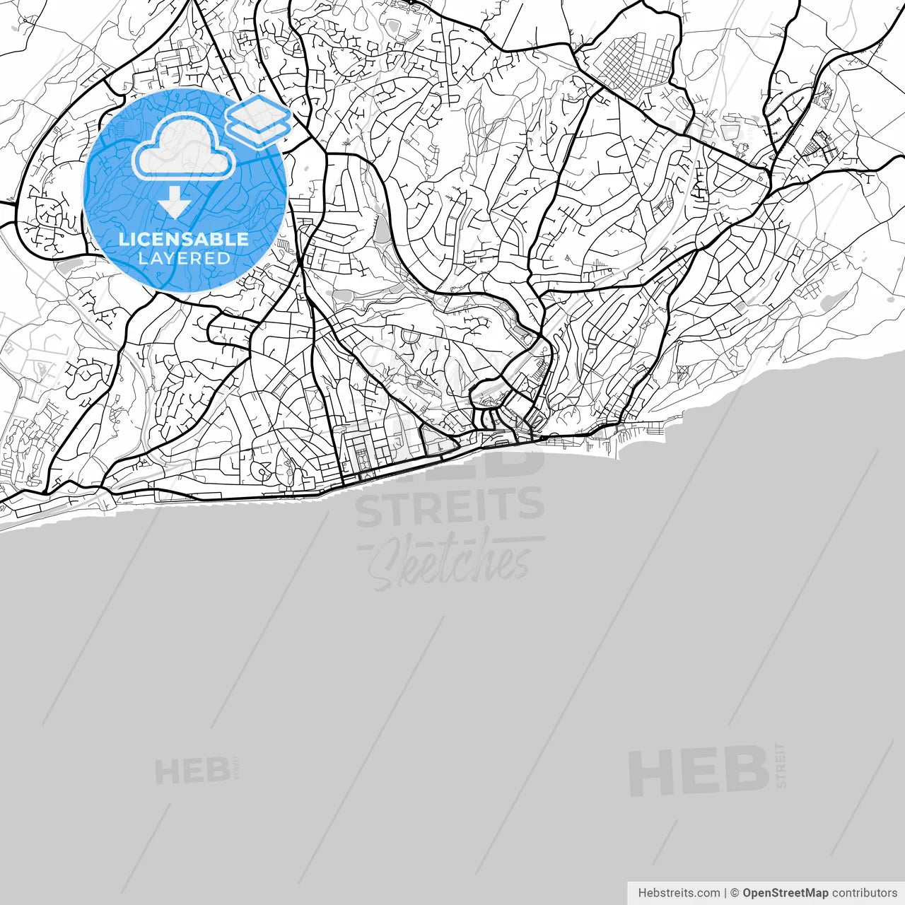 Layered PDF map of Hastings, South East England, England