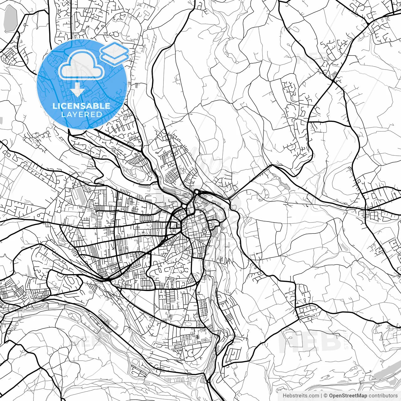 Layered PDF map of Halifax, Yorkshire and the Humber, England