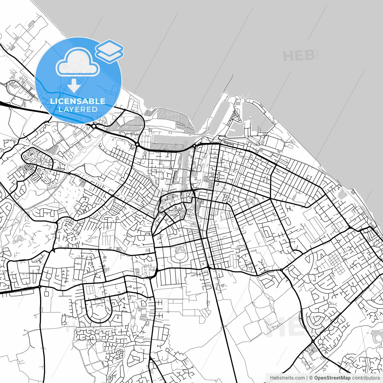 Layered PDF map of Grimsby, Yorkshire and the Humber, England