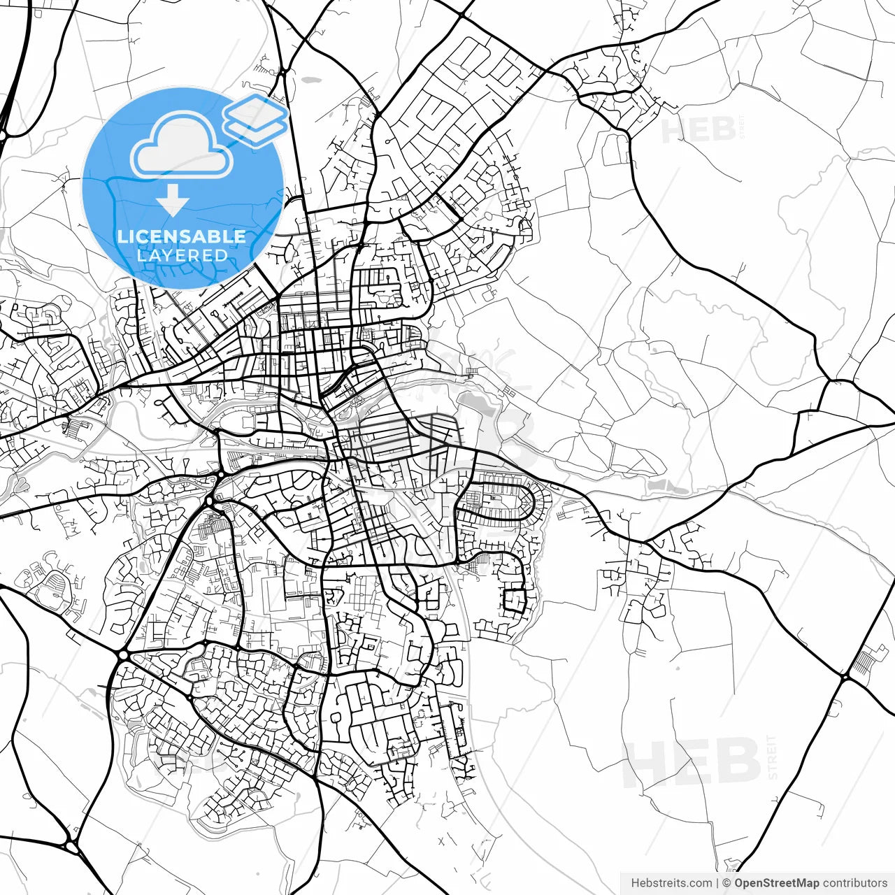 Layered PDF map of Royal Leamington Spa, West Midlands, England