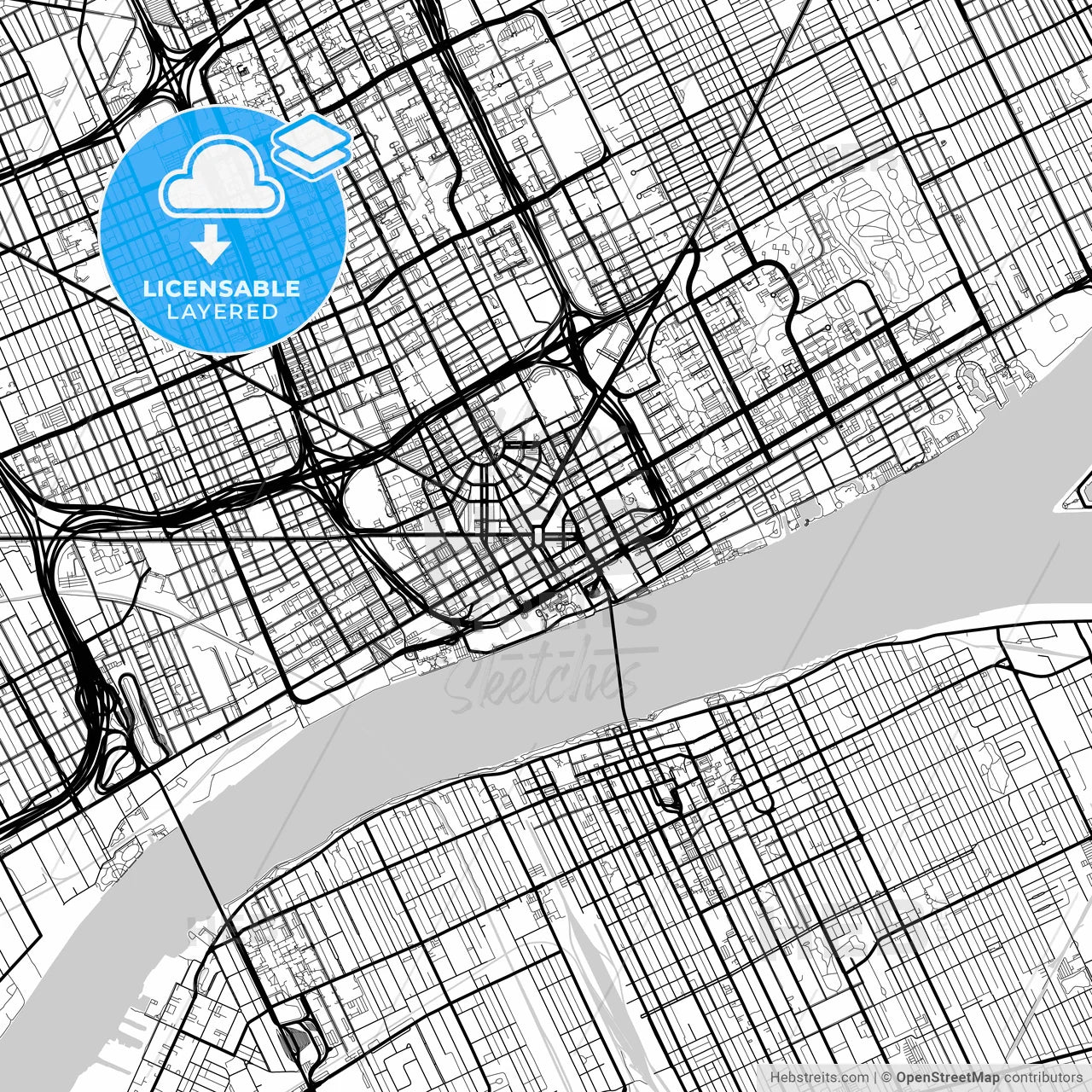 Layered PDF map of Detroit, Michigan, United States