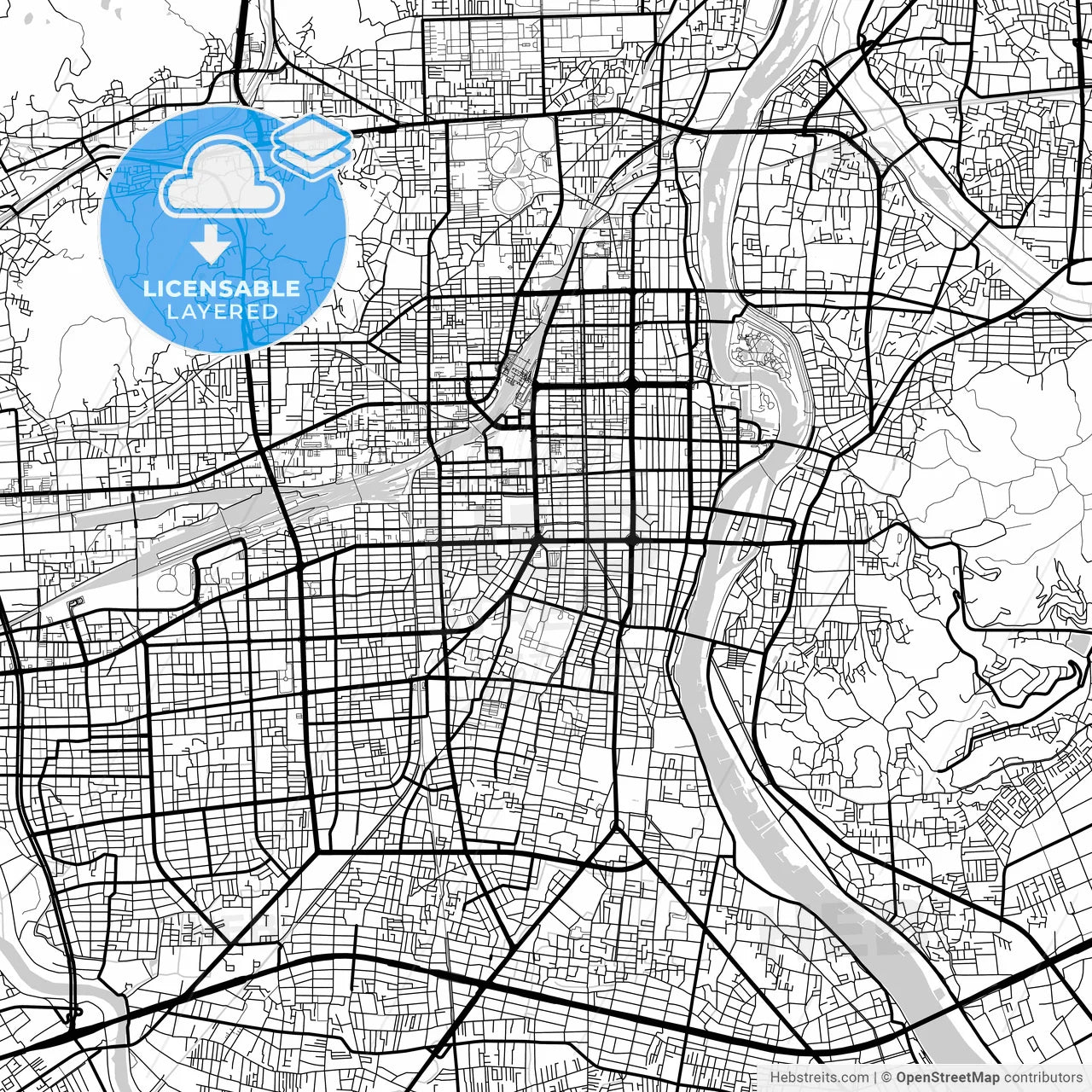 Layered PDF map of Okayama, Okayama, Japan
