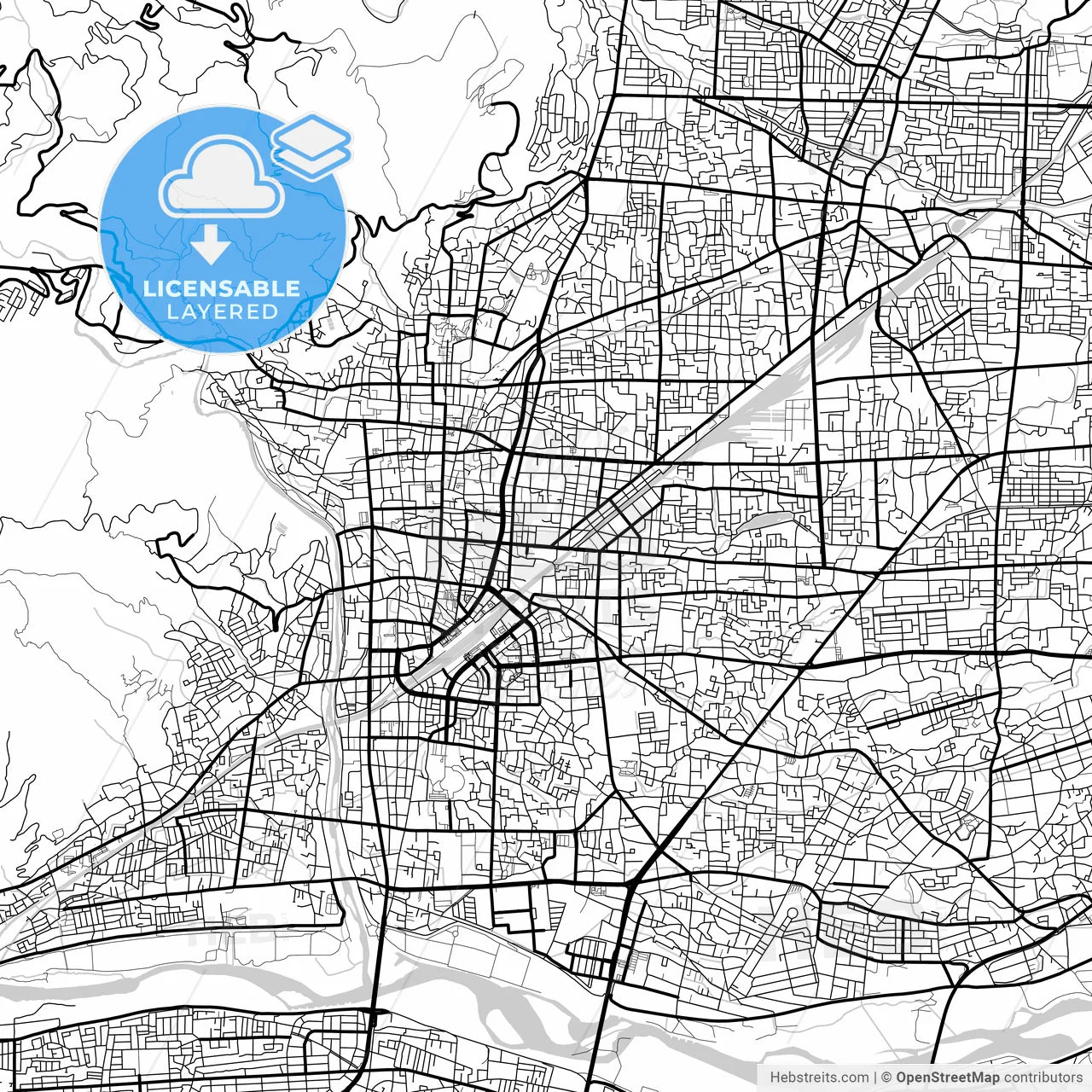 Layered PDF map of Nagano, Nagano, Japan