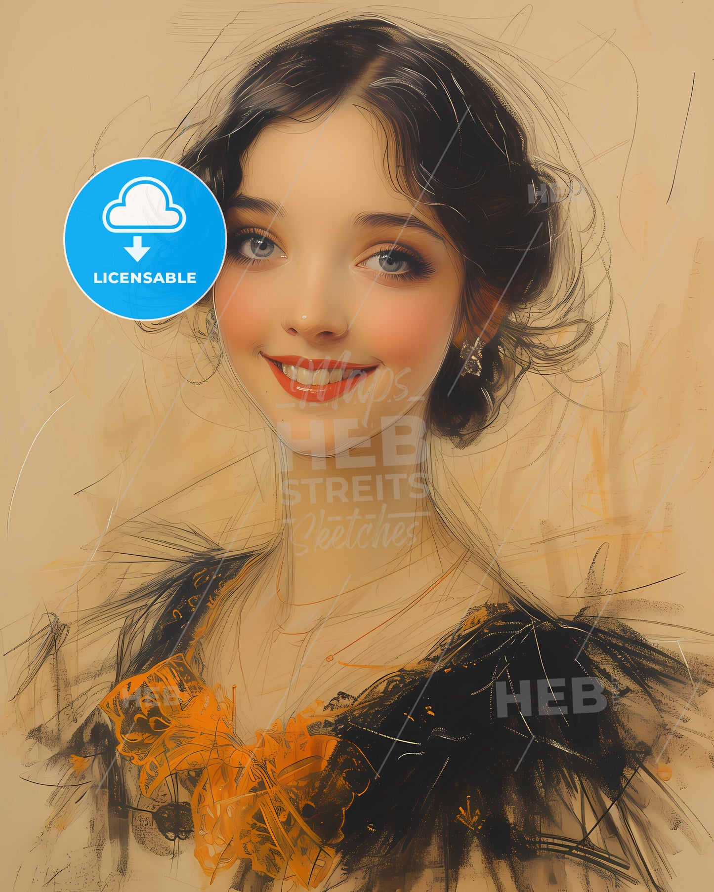 Adelina, Patti, 1843 - 1919, a woman with a black and orange dress