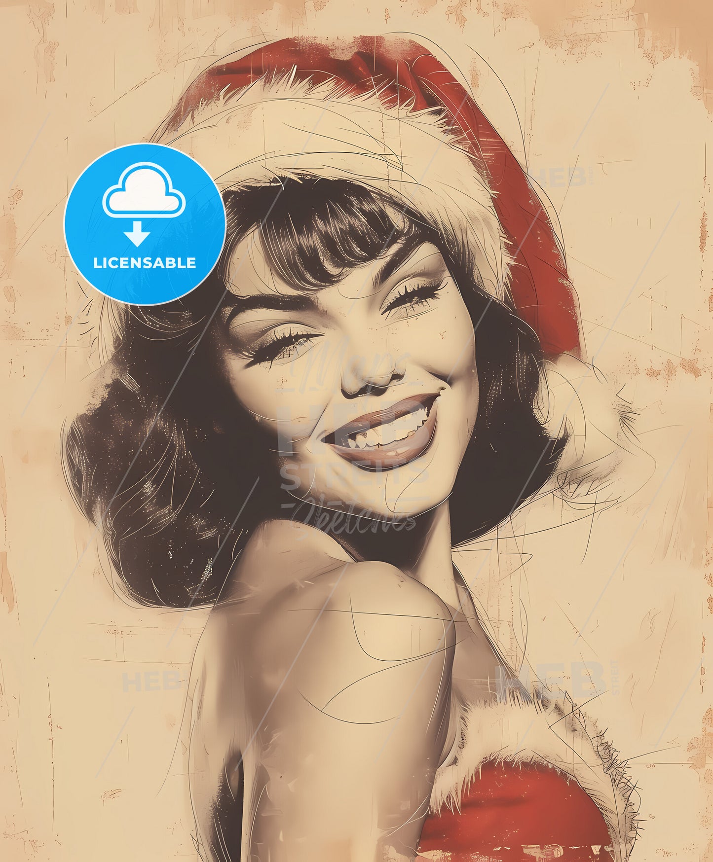 pin-up girl, santa claus costume, Vintage art illustration, a woman wearing a santa hat