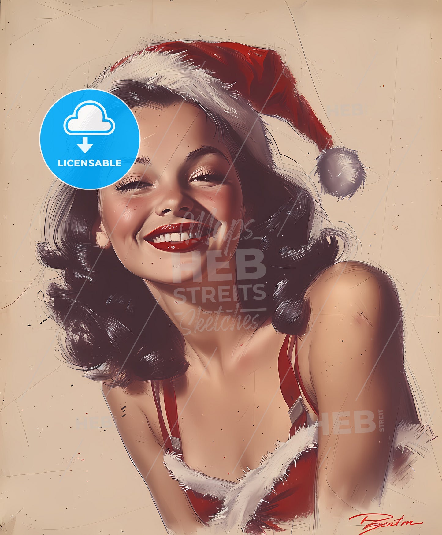 pin-up, girl in santa claus costume, Vintage art illustration, a woman wearing a santa hat