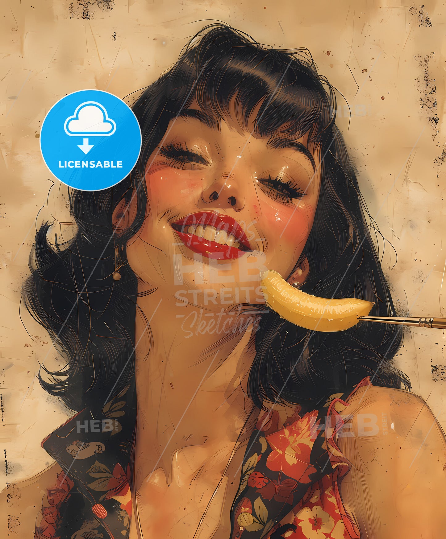 banana, dieting, sweeping overdrawn lines, a woman with red lipstick and red lips holding a banana