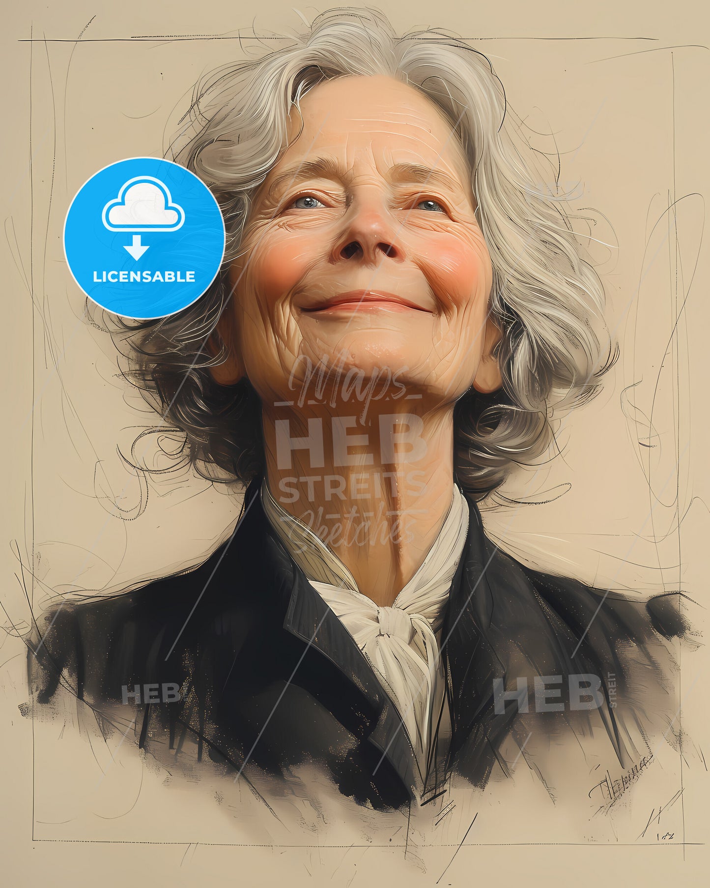 Elizabeth, Cady Stanton, 1815 - 1902, a woman with white hair and a black jacket