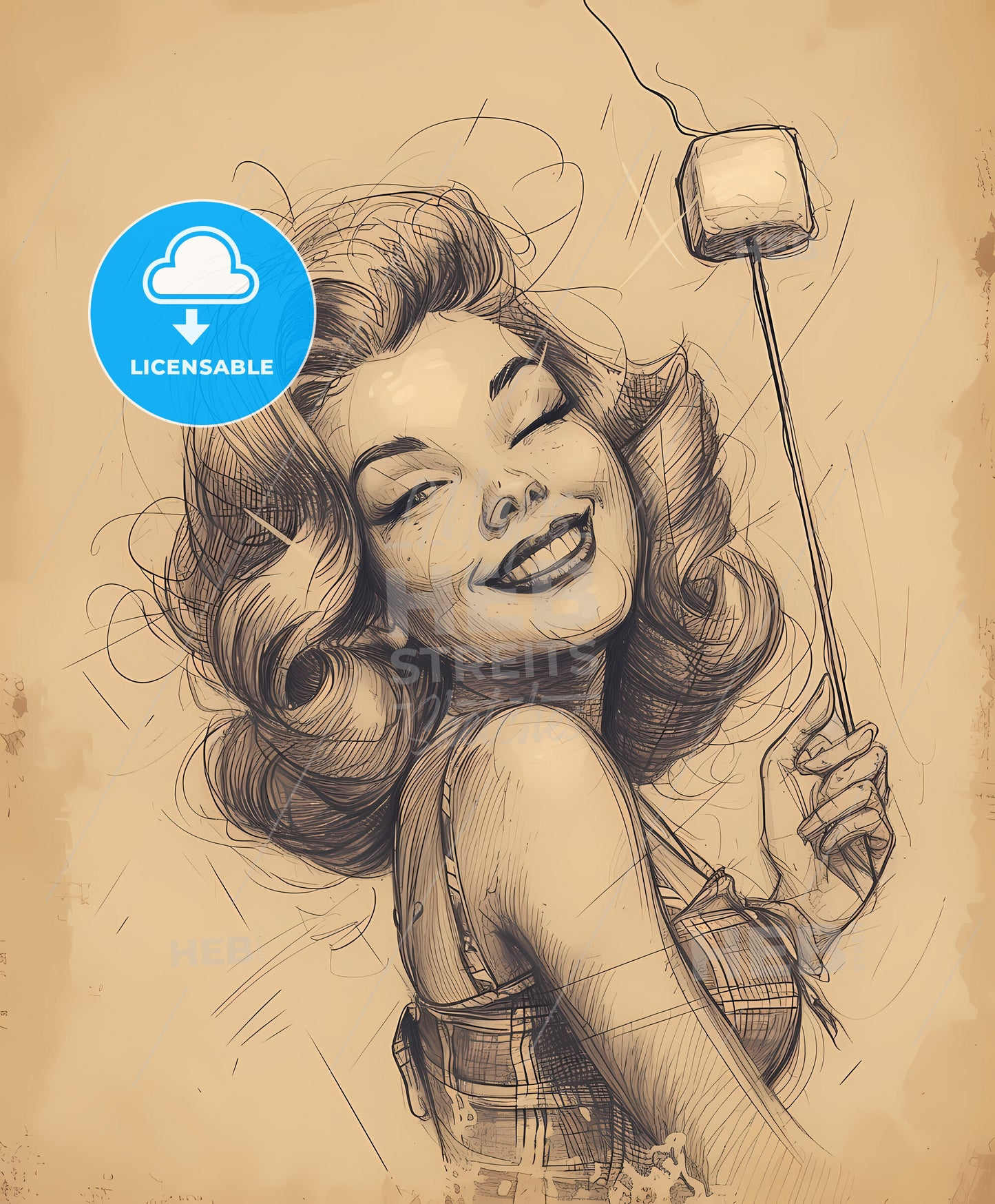 nurse, smiling and winking, shoulder view, a drawing of a woman holding a marshmallow on a stick